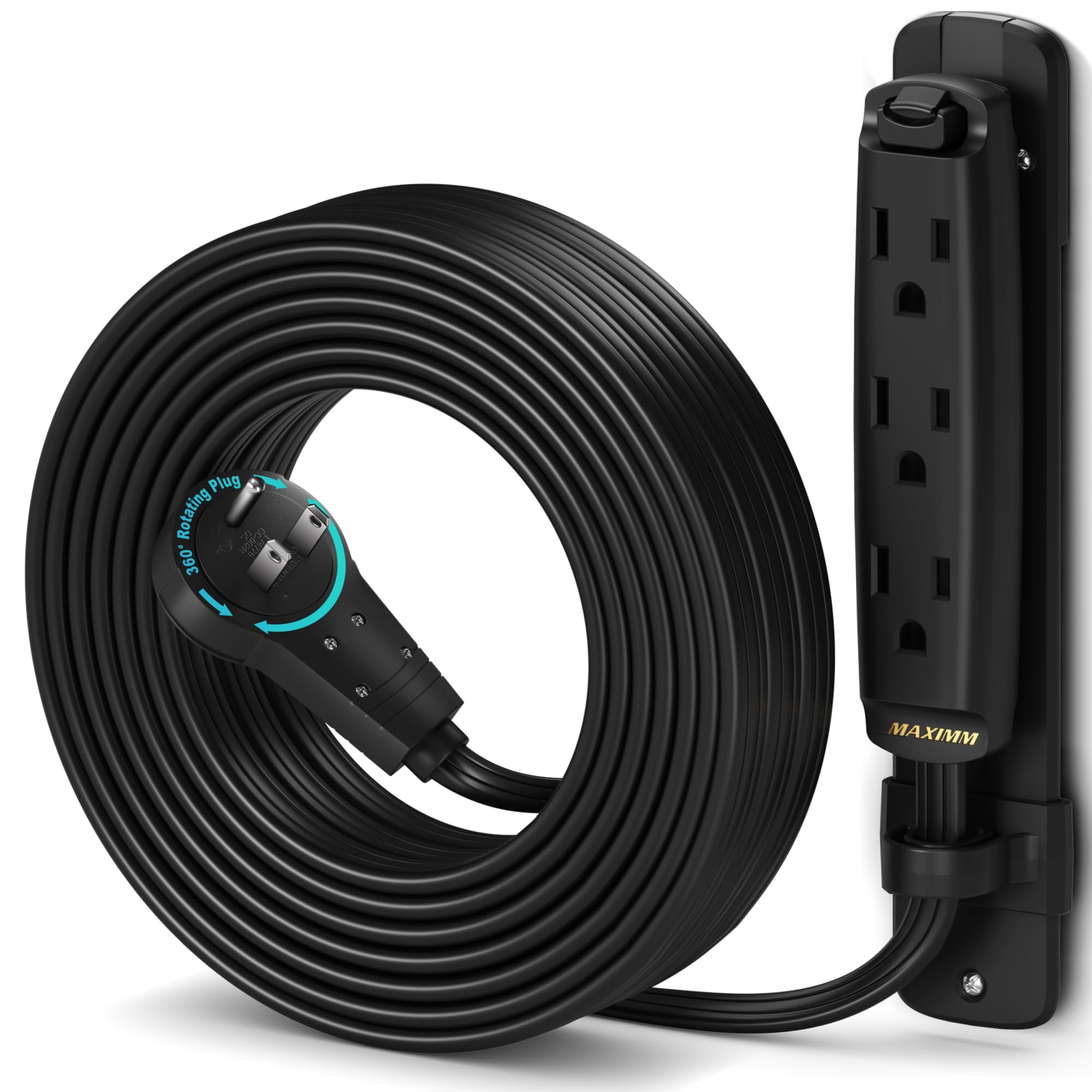 Maximm 360 Degree Rotating Flat Extension Cord 25 Ft Multi 3 Outlet Power Cord With Mounting Bracket, Grounded 16 Awg Ul Certifi