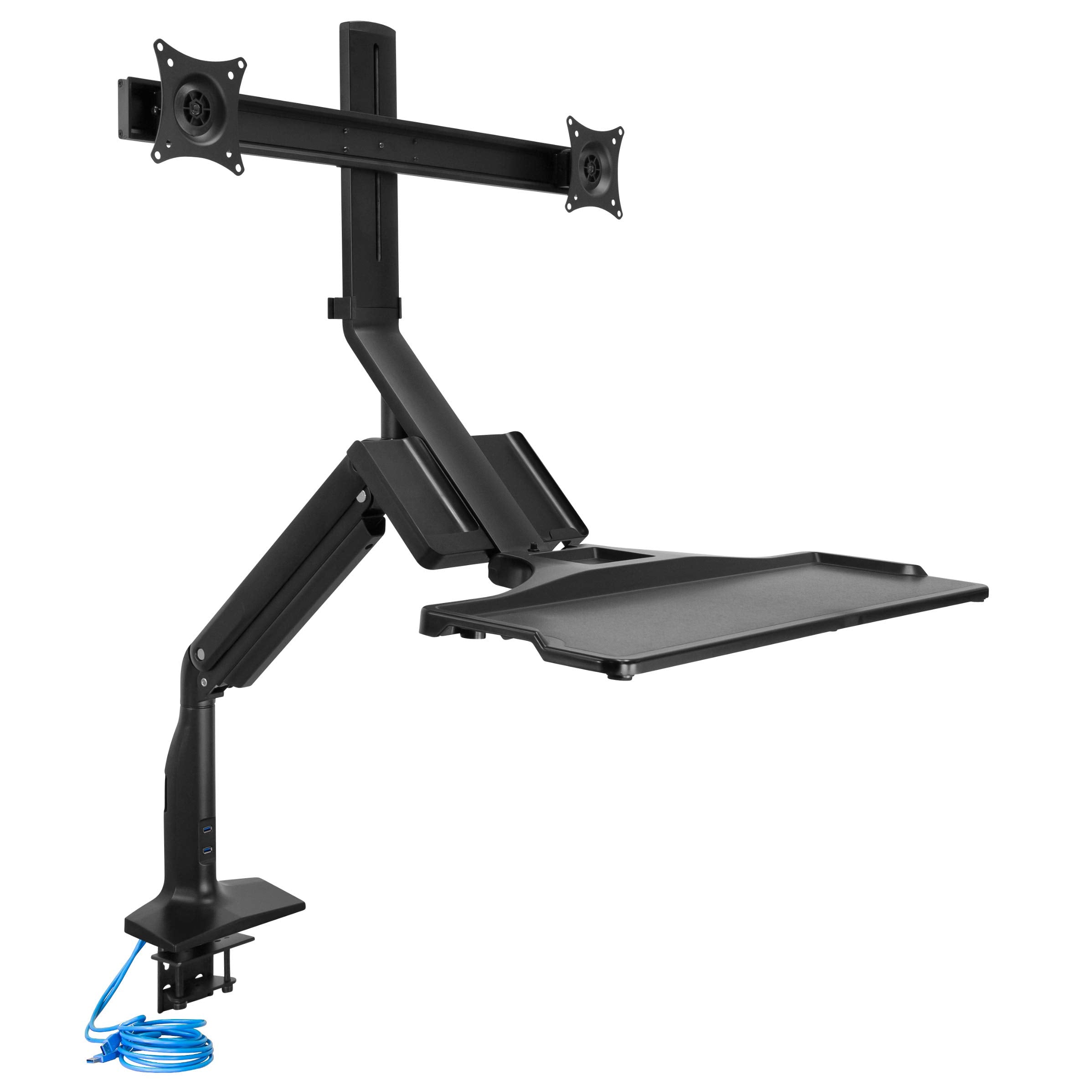 Mount It! Dual Monitor Sit Stand Workstation with Gas Spring Arm | Height Adjustable Standing Desk Converter | 2 Integrated USB 3.0 Ports | VESA 75 100 | C Clamp and Grommet Base