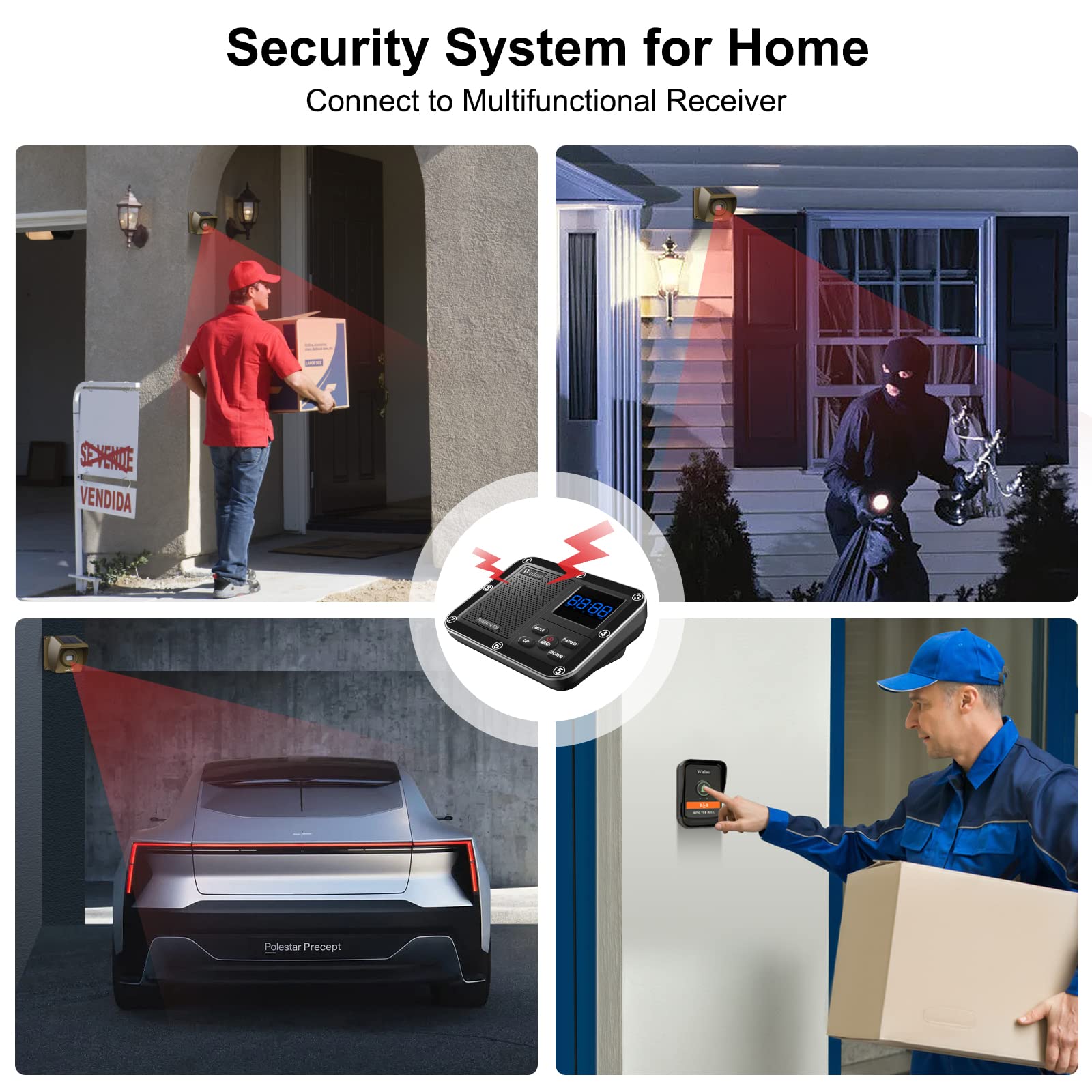 Solar Wireless Driveway Alarm With Extra Doorbell Part, Multifunctional Wireless Home Security System, Rechargeable Battery/Weatherproof/Mute Mode/Clock And Alarm (1 Receiver 2 Sensors 1 Doorbell)