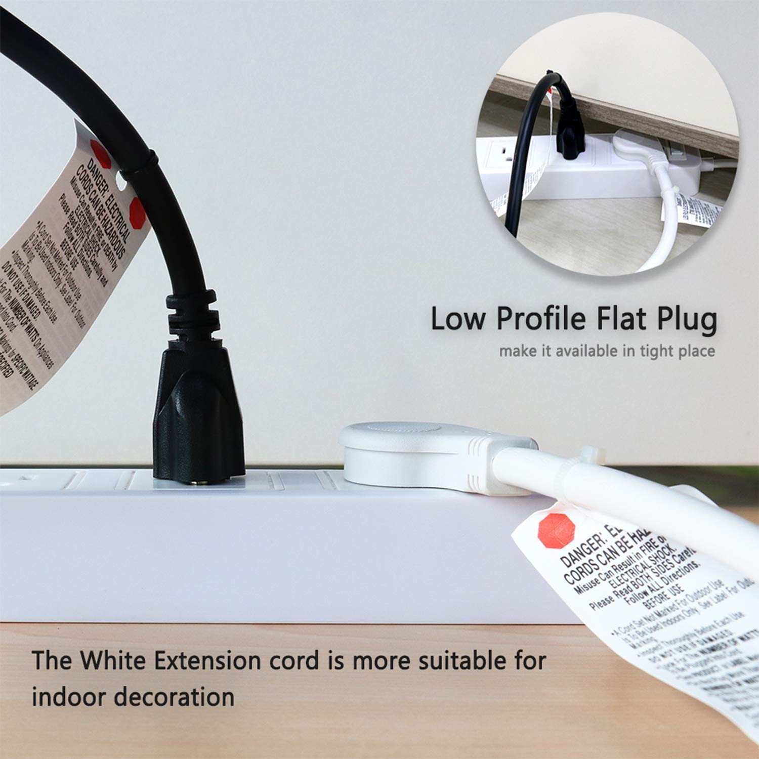 Firmerst 1875W 10 Feet Extension Cord Heavy Duty Low Profile White 15A