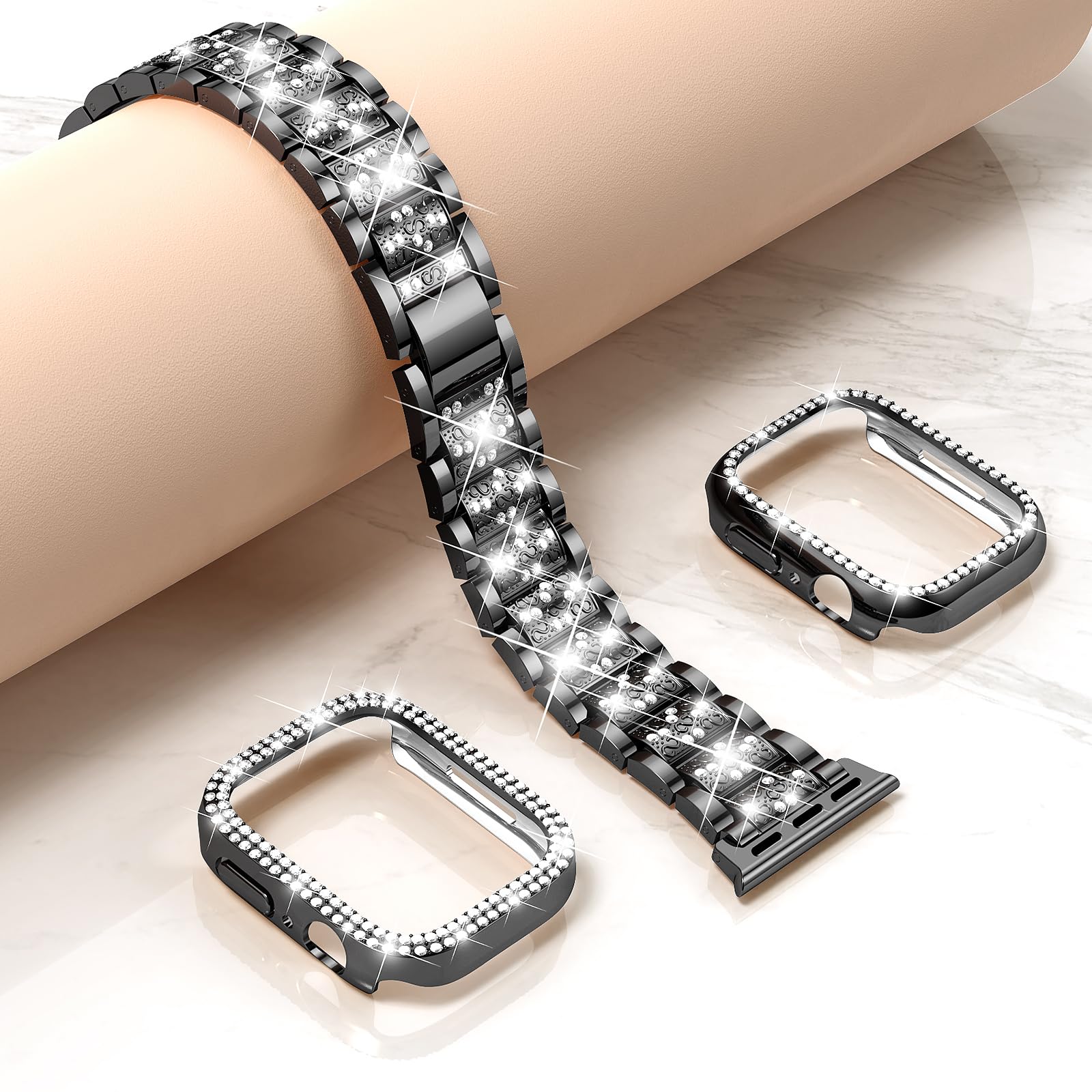 Mosonio Compatible With Apple Watch Band 45Mm Series 9/8/7 With Case Women, Jewelry Replacement Metal Wristband Strap With 2 Pac