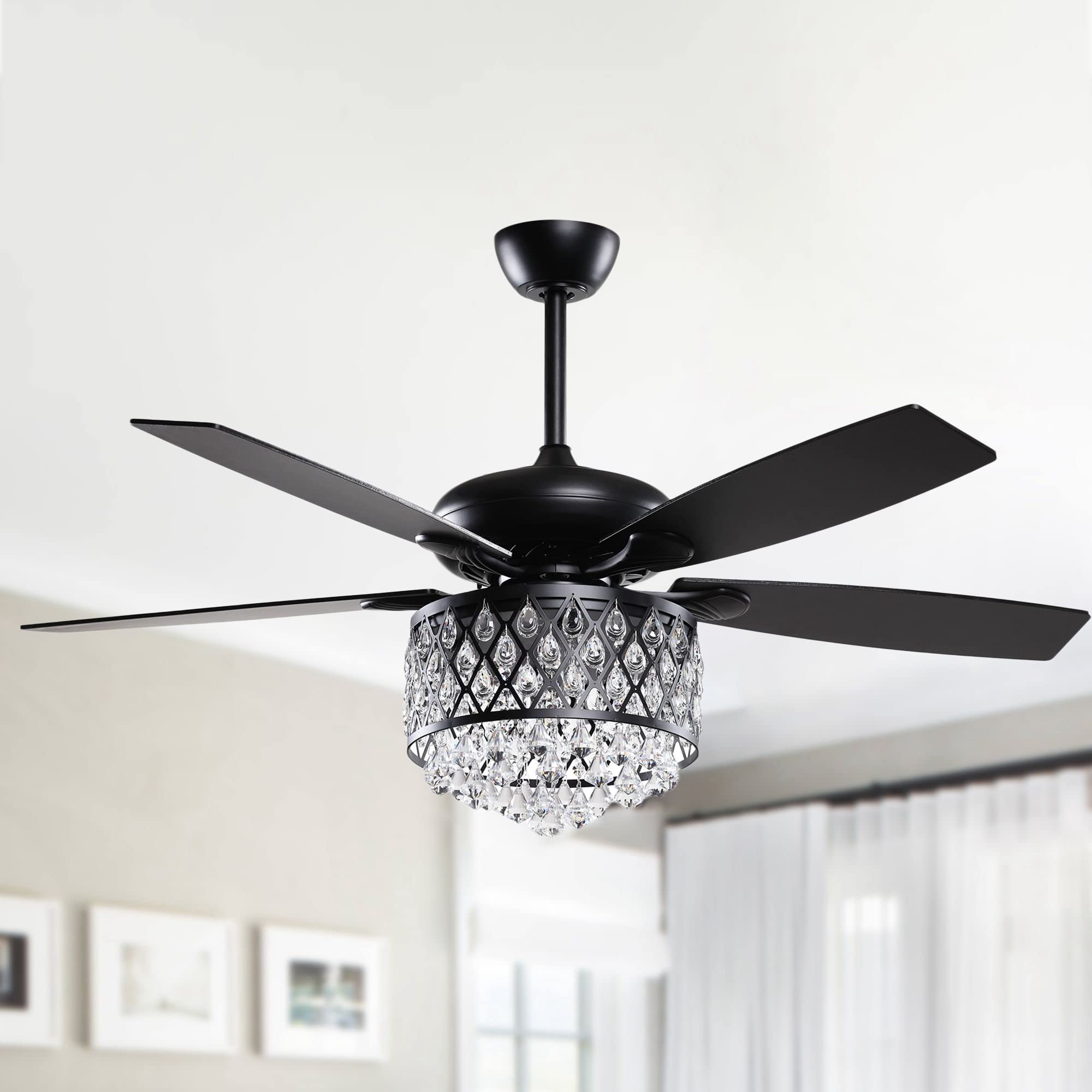 Parrot Uncle Ceiling Fans with Lights and Remote, 52 Inch Black Chandelier Ceiling Fan with Light for Bedroom, Modern Crystal Li