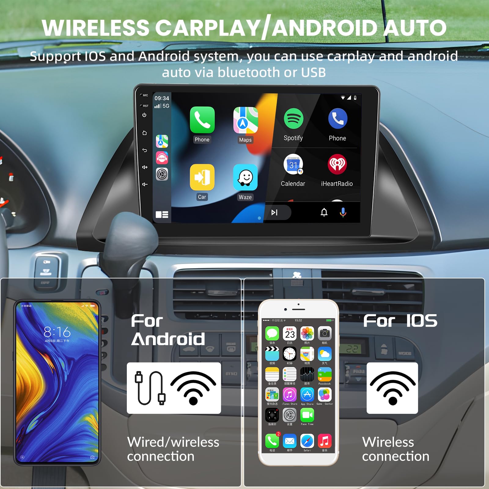 For Honda Odyssey 2005 2010 Android Car Stereo Support Wireless Carplay&Android Auto With 10.1 Inch Touchscreen Gps Navigation Bluetooth Usb Wifi Fm/Rds Radio Receiver Backup Camera Head Unit 2+64G