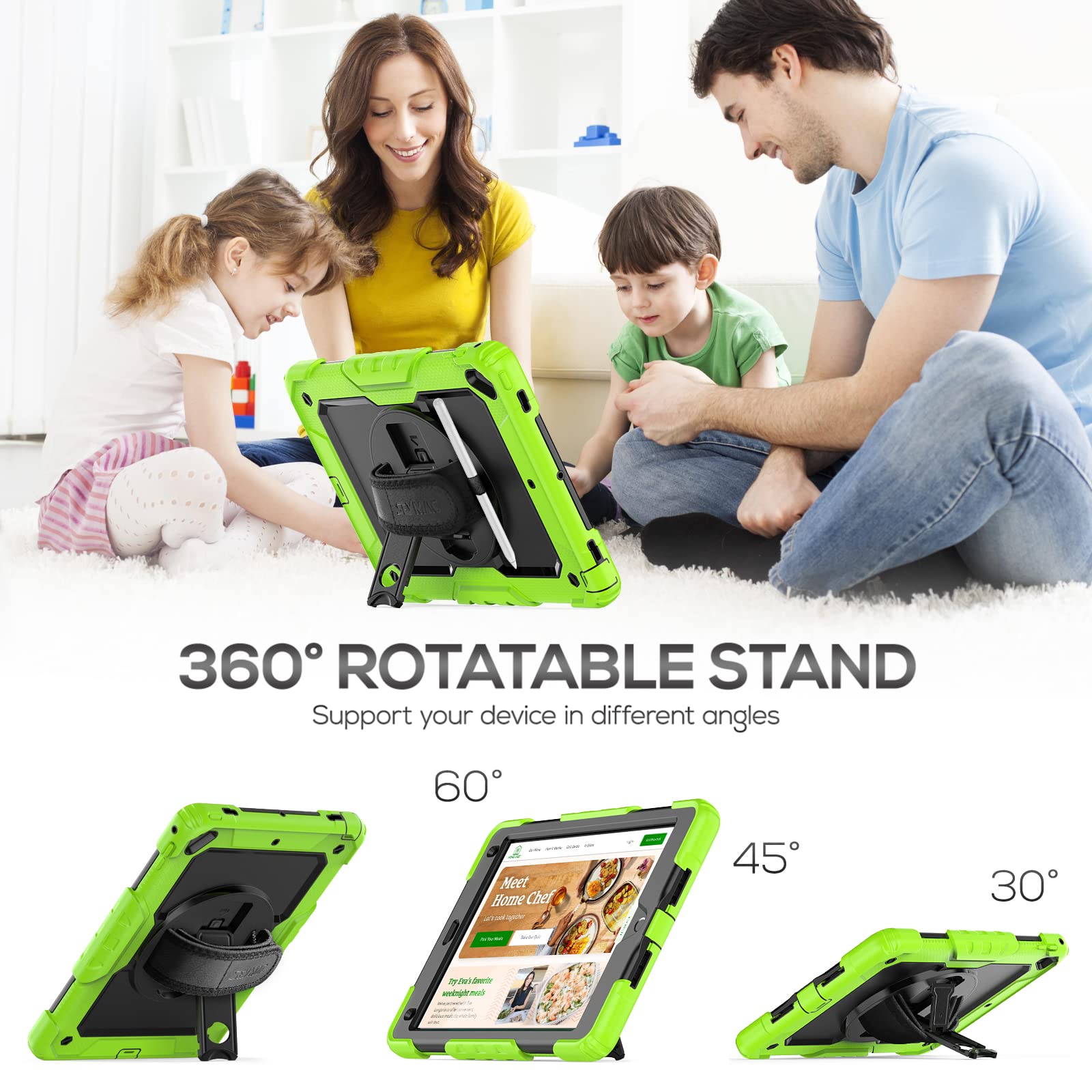 Seymac Case For Ipad 6Th/5Th Generation Case 9.7 Inch, Full Body Shockproof Heavy Duty Protective Case With Screen Protector, Rotating Stand/Hand/Shoulder Strap For Ipad Air 2/ Pro 9.7, Green