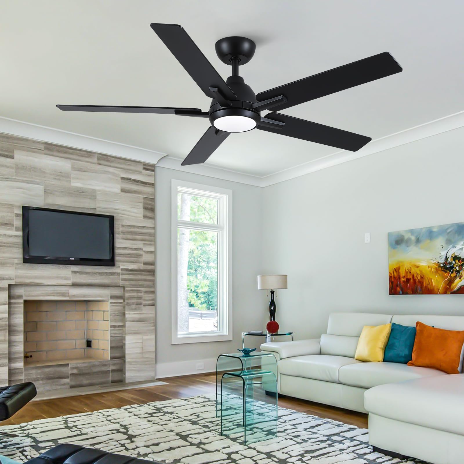 52 Inch Ceiling Fans With Lights And Remote,Black Ceiling Fan With 5 Dual Sided Blades,Downrod,Quiet 6 Speed Reversible Dc Motor