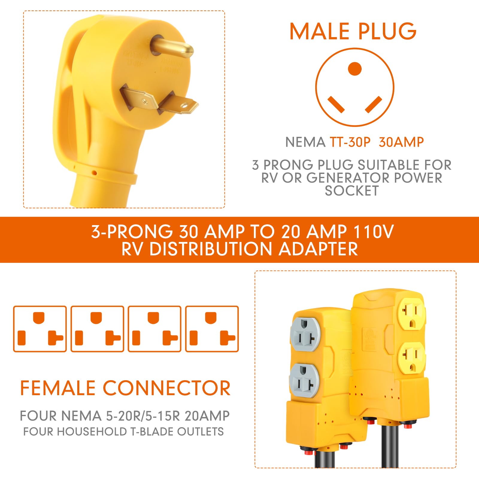 Kanayu 1.8 Ft 30 Amp To 20 Amp 110V Rv Generator Distribution Adapter Compatible With Nema Tt 30P To Nema 4X 5 20R/ 5 15R, 3 Pro