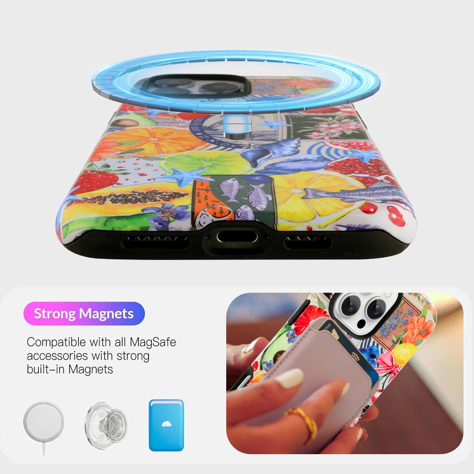 Jefonha For Iphone 16 Pro Max Case Cute Aesthetic For Women Girls, Classic Retro Western Fruit Stamp Seashell Costal Collage Sum