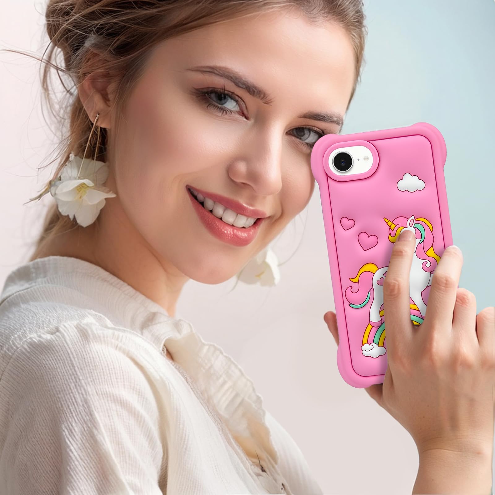 Mouzor Cute Pink Rainbow Unicorn Phone Case Compatible With Iphone 16E Case, Horse Kawaii Animals 3D Cartoon Soft Silicone Heavy