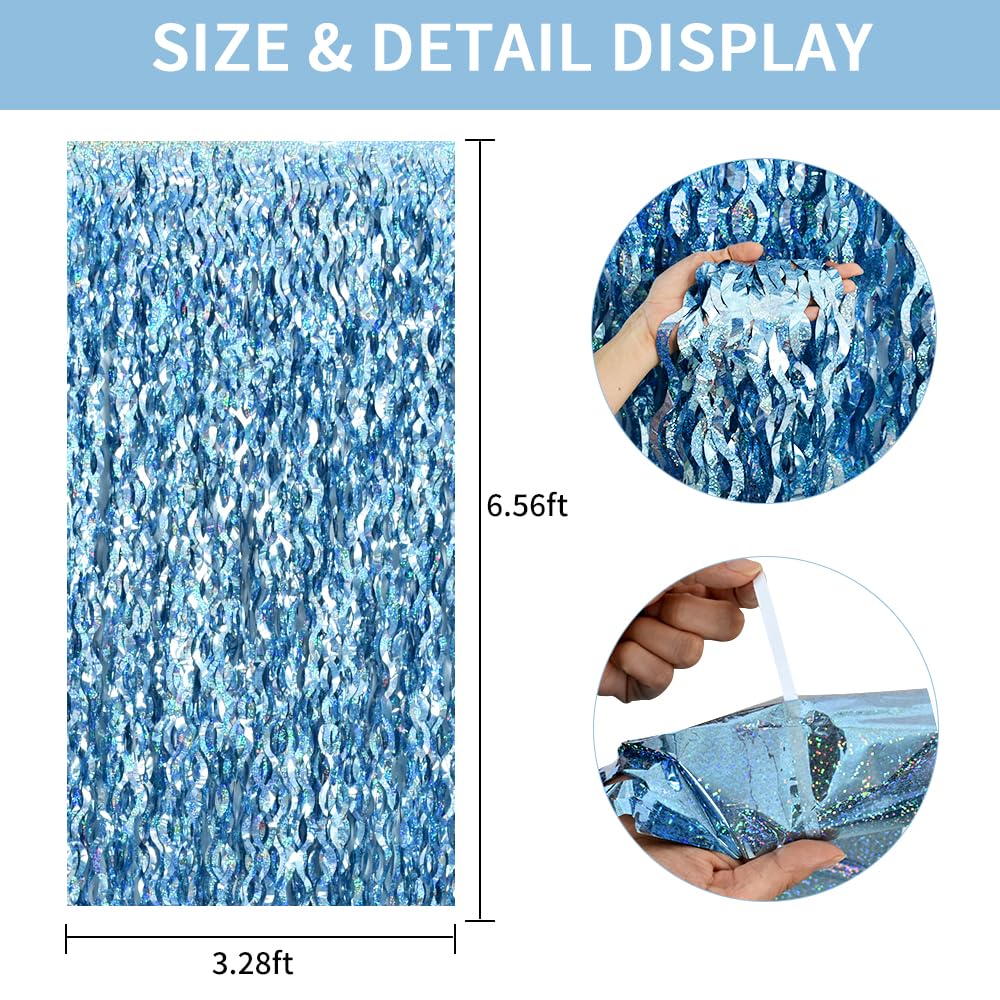 Toniful 3Pcs Wavy Metallic Tinsel Foil Fringe Curtains Light Blue Streamer Backdrop For Photo Booth Props,Party Door Wall Curtai