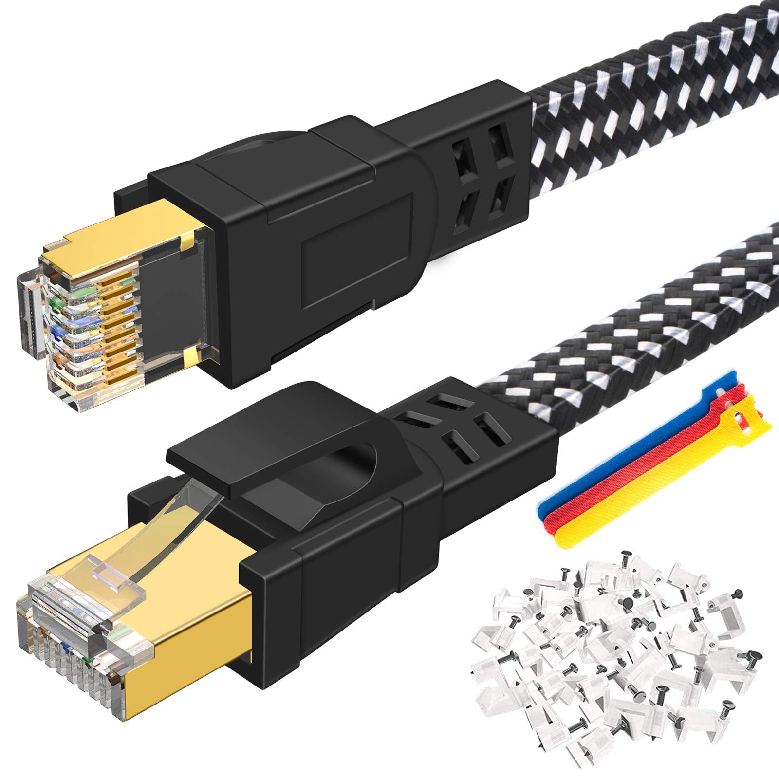 Deego Cat 8 Ethernet Cable 50 Ft, Nylon Braided High Speed Flat Network Cable Shielded With Gold Plated Rj45 Connector, 30Awg La