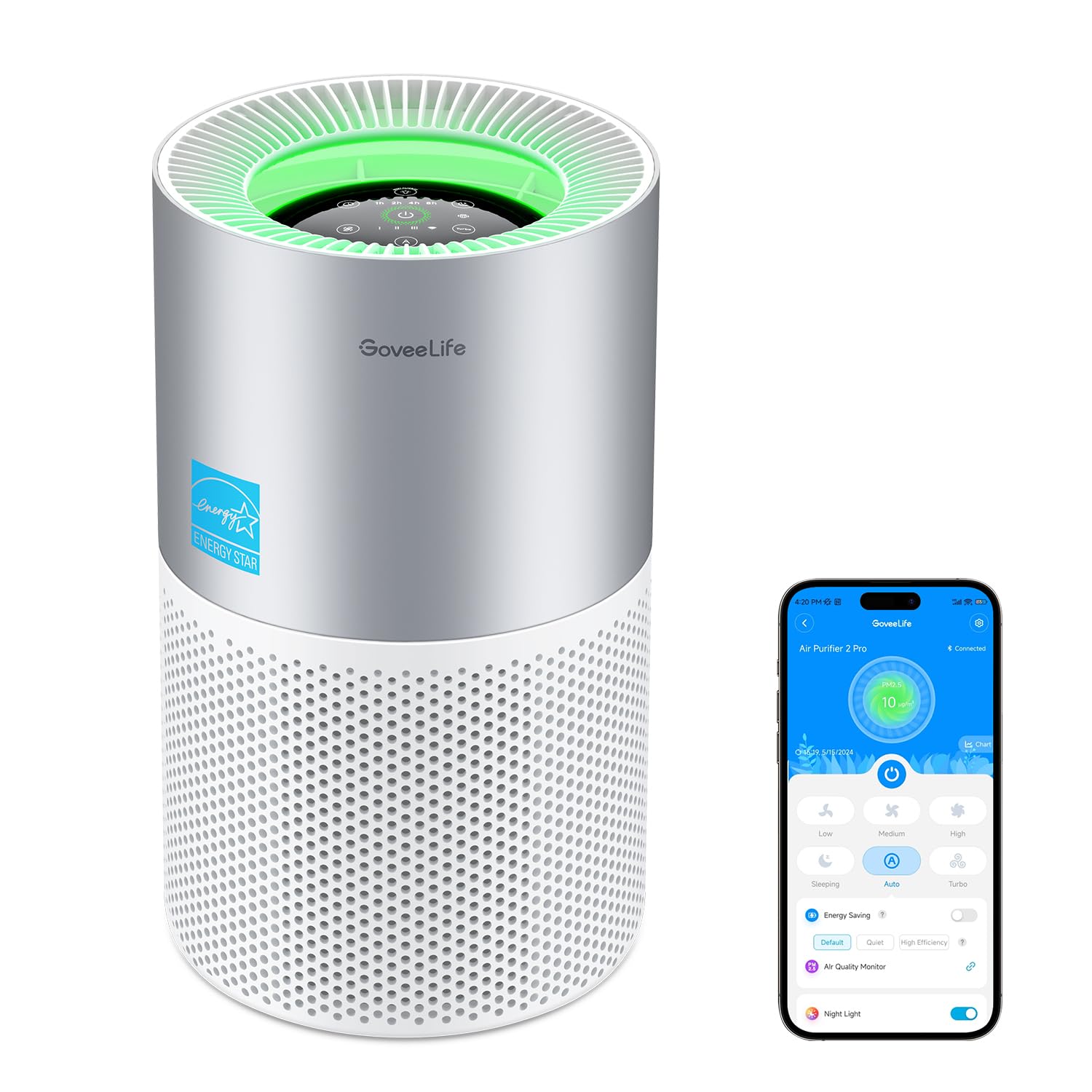 Goveelife Smart Air Purifier For Homes And Large Rooms With Detachable Pre Filter, Air Quality Monitor, Covers Up To 1162Ft, Pm2