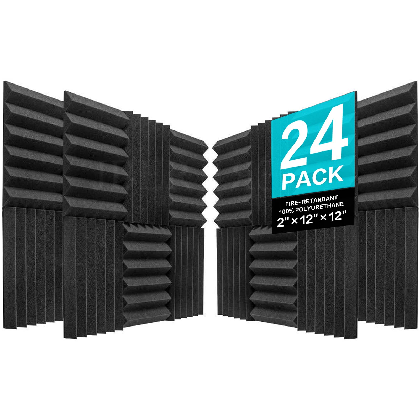 Jber Acoustic Panels Studio Foam Wedges Fireproof Soundproof Padding Wall Panels 2'' X 12'' X 12'' (24 Pack Wedge 2''   Charcoal