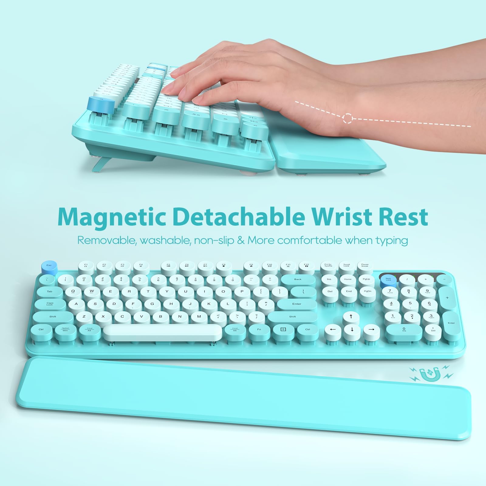 Wireless Keyboard And Mouse Combo, Colorful Keyboard With Round Keycaps, Full Size Retro Typewriter Keyboard With Detachable Wri