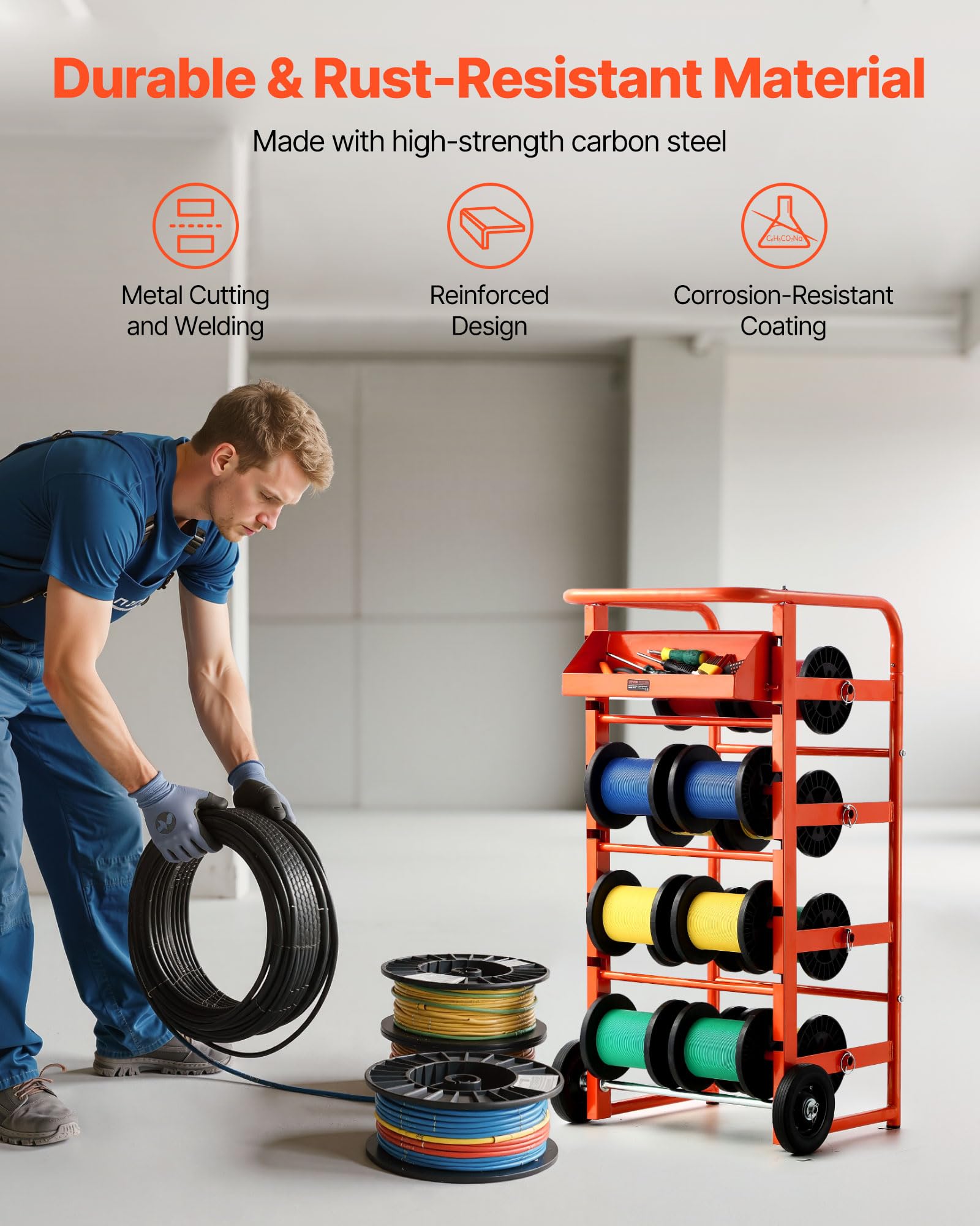 Vevor Wire Spool Rack, 11 Rods, Multi-Spool Wire Rack Dispenser, Cable Caddy With Wheels, Cable Holder With Storage Tray For Wir