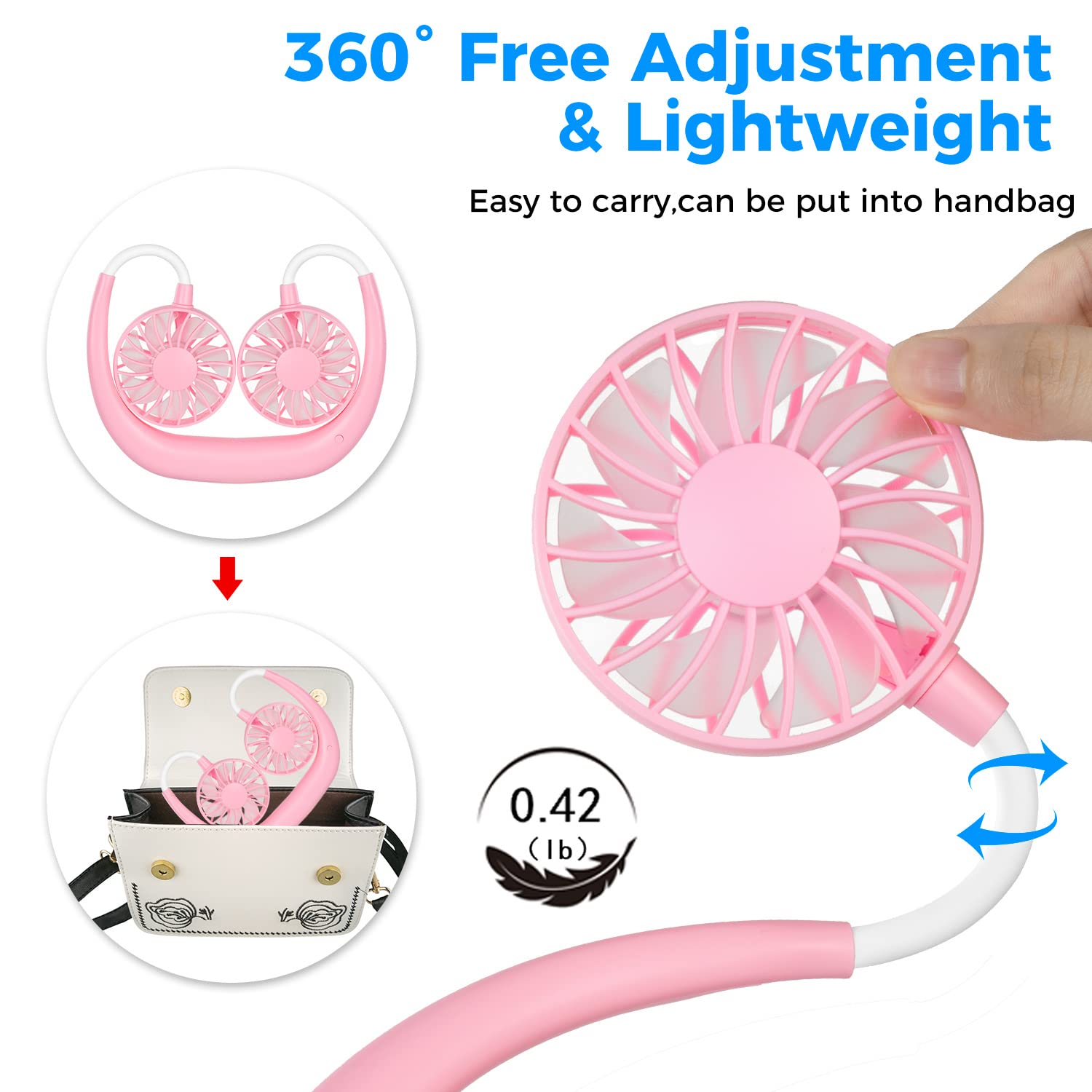 Shuangjishan Neck Fan 360 Degree Rotation Rechargeable 2000mAh Wearable Personal Fan ABS Plastic Silicone Pink