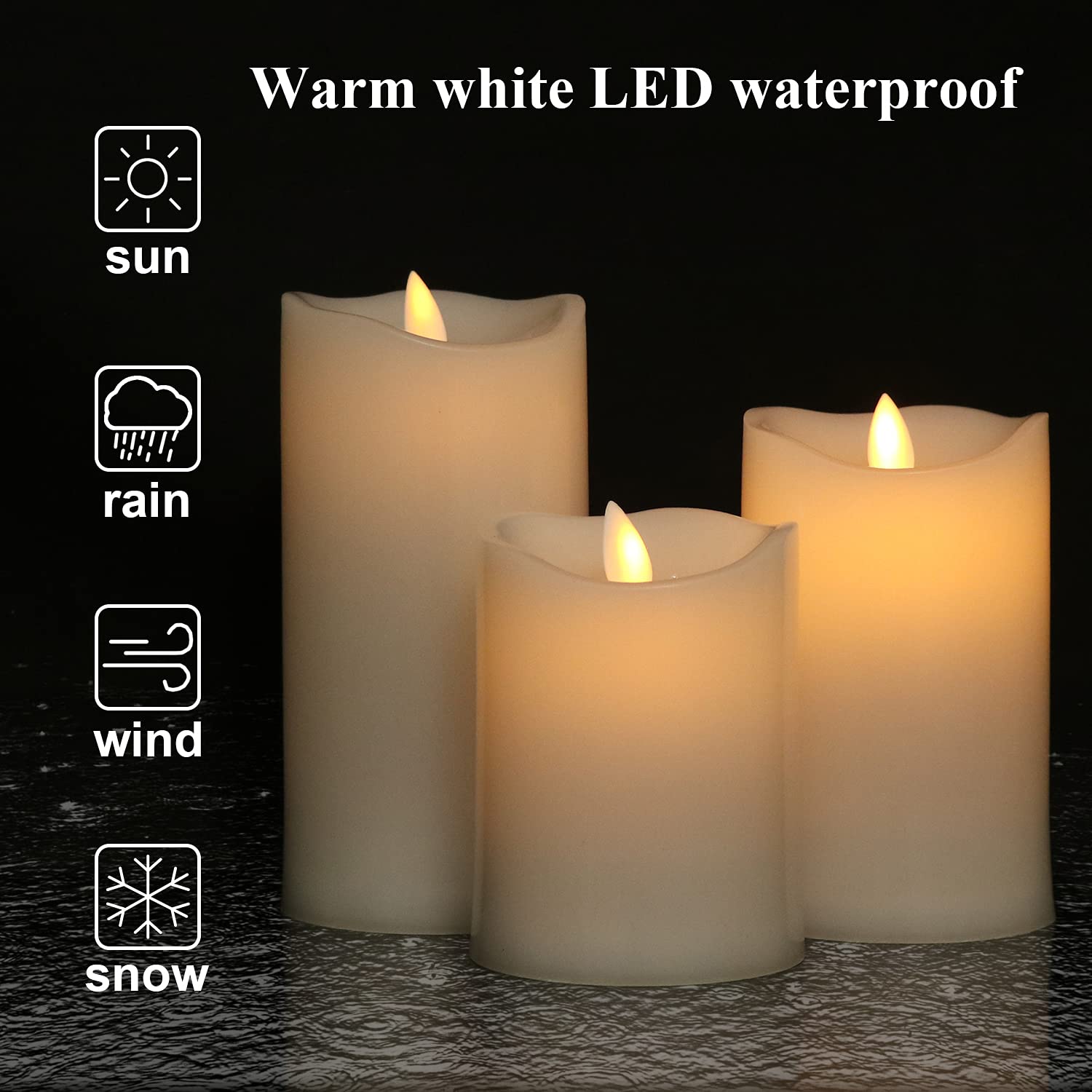 Eldnacele Waterproof Outdoor Flameless Candles With Remote Control, Battery Operated Flickering Led Pillar Candles For Indoor Ou