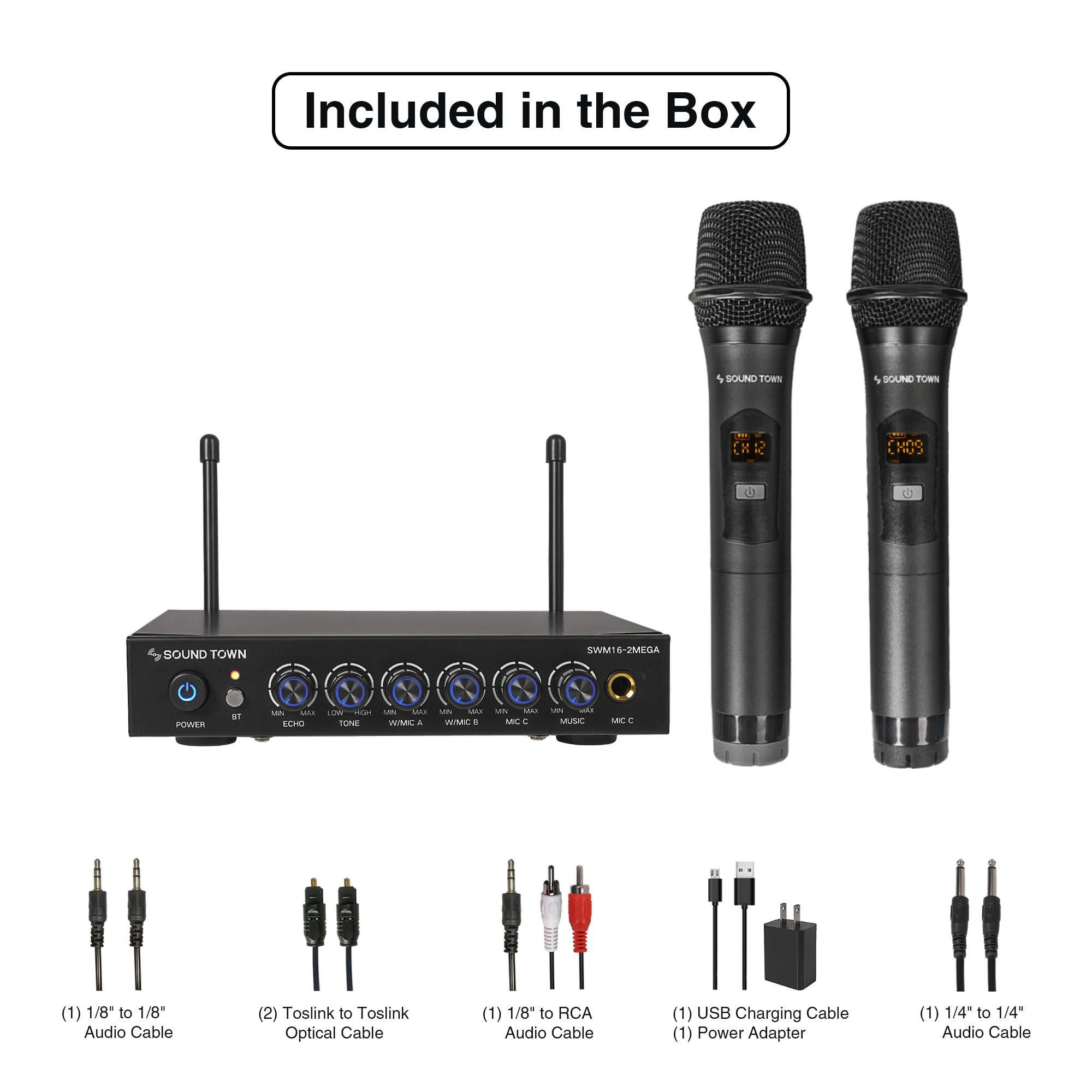 Sound Town 100 Channels Wireless Microphone Karaoke Mixer System With 2 Metal Handheld Microphones, Optical (Toslink), Aux, For