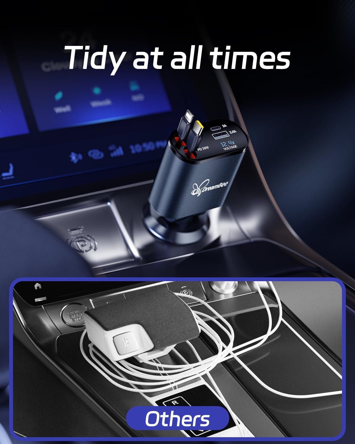 Dreambee Retractable Car Charger,66W 4 In 1 Super Fast Charge Car Phone Charger,Retractable Cables (31.5 Inch) And 2 Usb Ports C