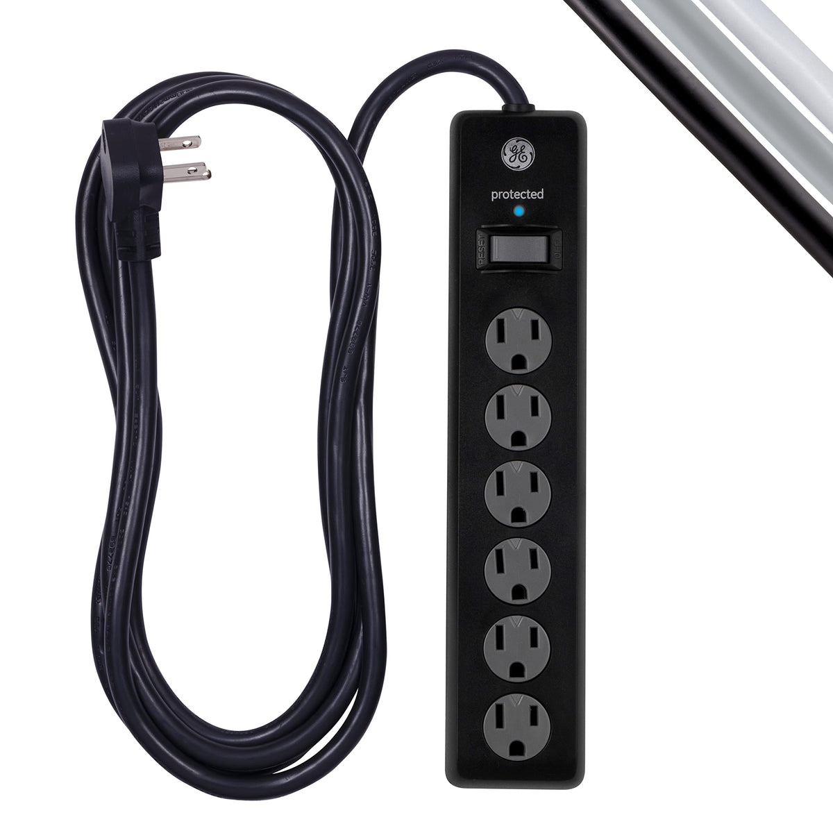 Ge 6 Outlet Surge Protector, 10 Ft Extension Cord, Power Strip, 600 Joules, Twist To Close Safety Covers, Protected Indicator Li