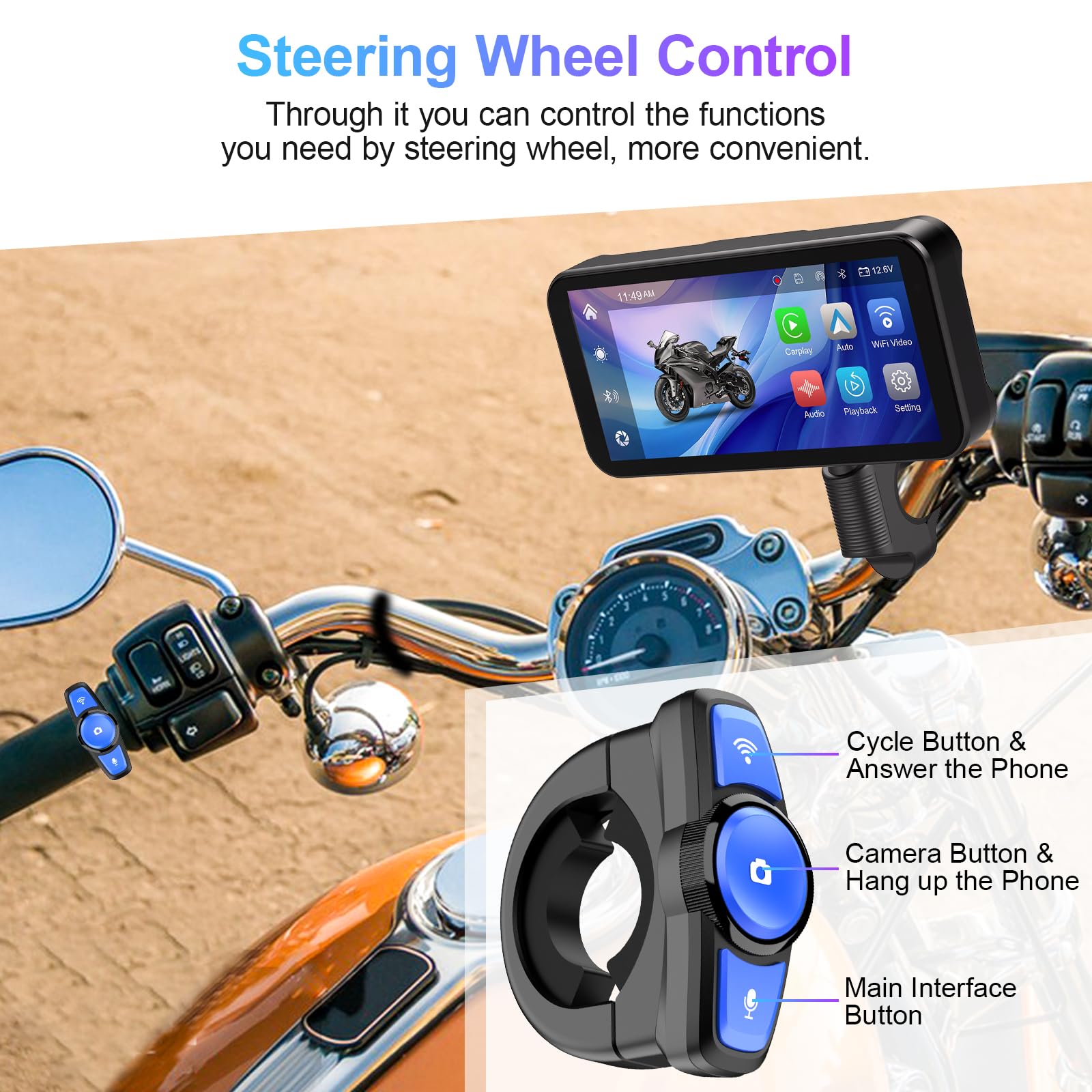 Tenbaba 6.25'' Motorcycle Motorcycle Dash Cam, Wireless Motorcycle Carplay & Android Auto Screen, Motorbike Gps Navigation, Ip67