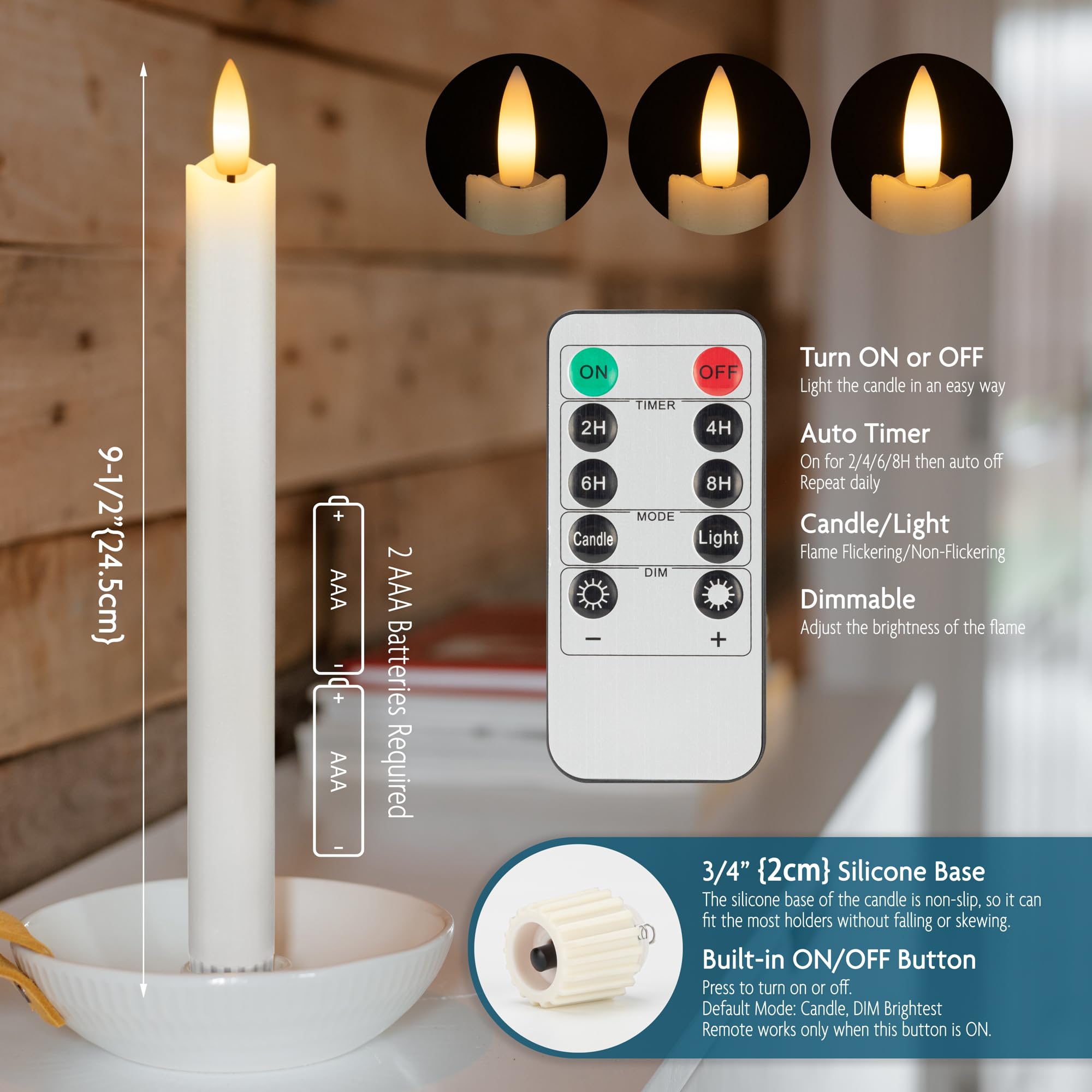 Sehnsy Flameless Taper Candles With Remote, Real Wax Battery Operated Led Candles Set With 3D Flickering Flame, 9.6'' Realistic