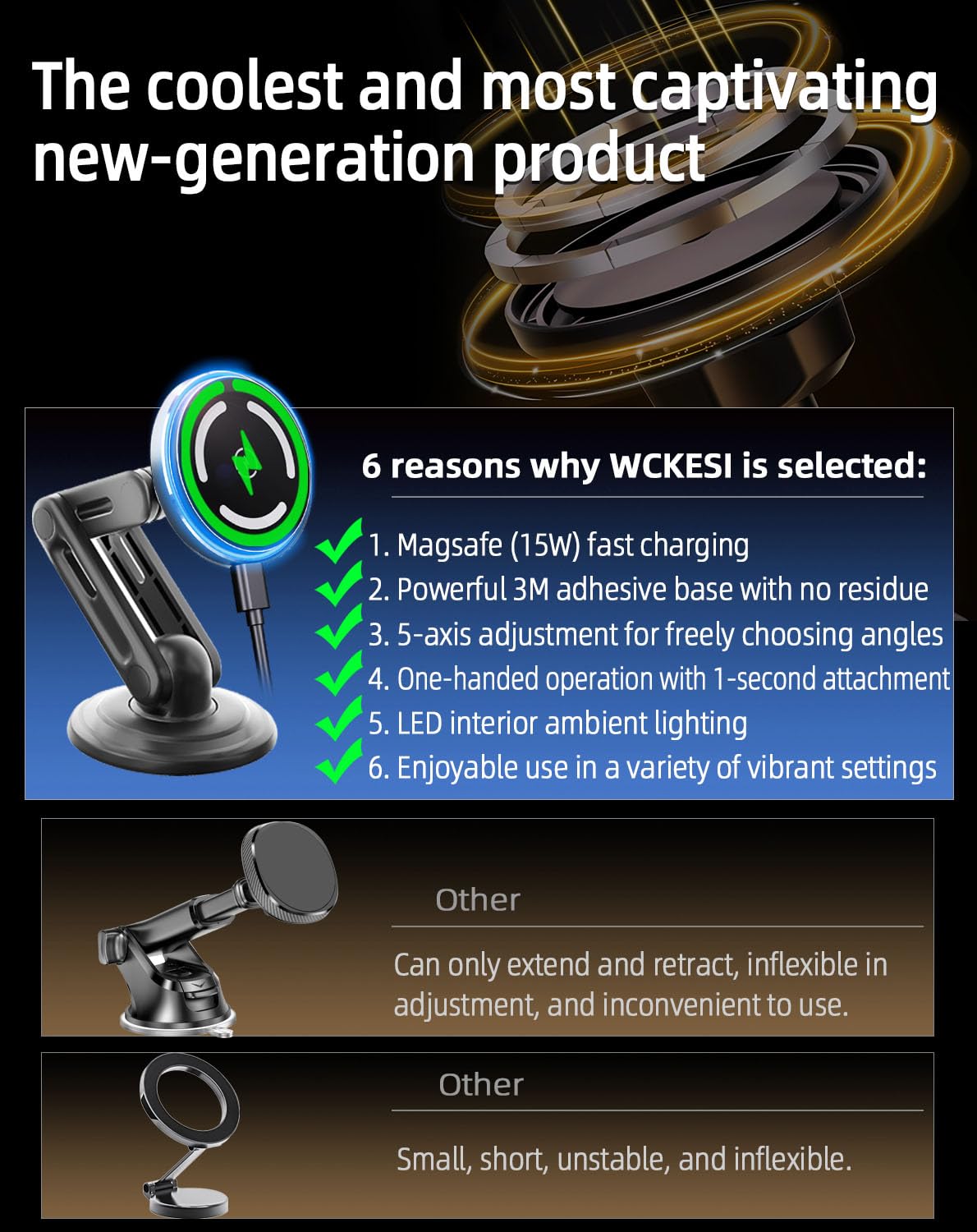 Wckesi For 15W Magsafe Car Mount Charger, Qi2 Ultra Strong Magnet Phone Holder,?Three-Fold Rotation? Led Magnetic Wireless Car C
