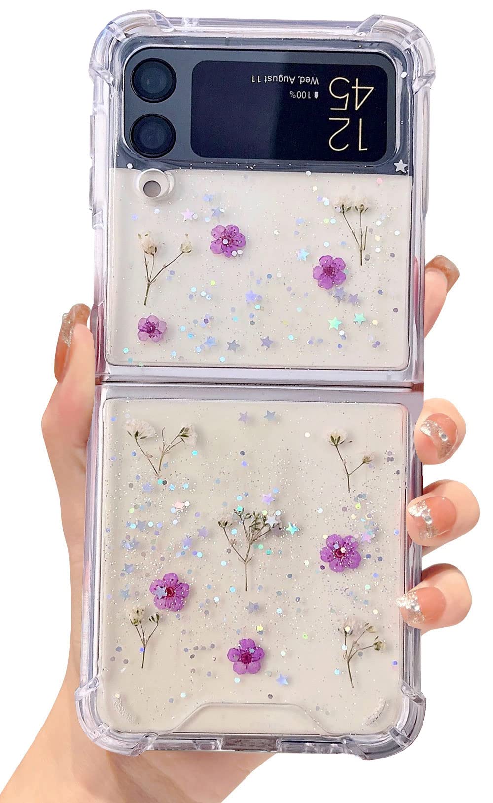 Abbery for Samsung Galaxy Z Flip 4 Case Clear with Purple Gypsophila Design Cute Glitter Sparkle Real Dried Pressed Floral TPU W