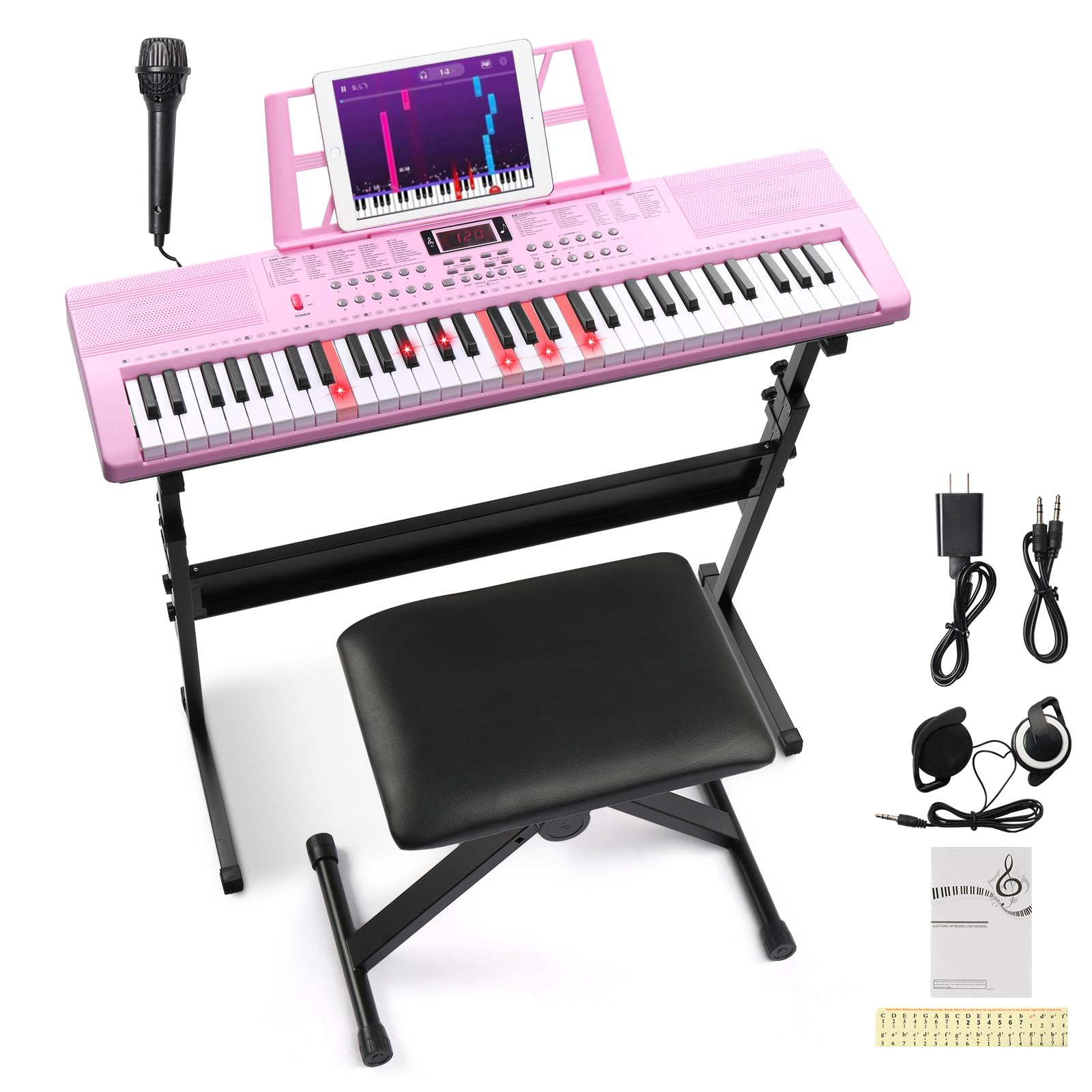 Ktaxon 61 Key Keyboard Piano Electric Keyboard w/Lighted Keys, Electric Piano Set with Headphones, Microphone, Music Rest, Power