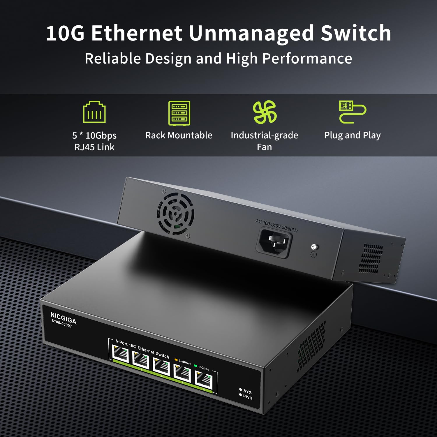 5 Port 10G Ethernet Switch Unmanaged,With 5X 10Gb Base T Rj45 Ports, Nicgiga 10Gbps Network Switch Easy For 10G Nas,Pc,Wifi7 Rou