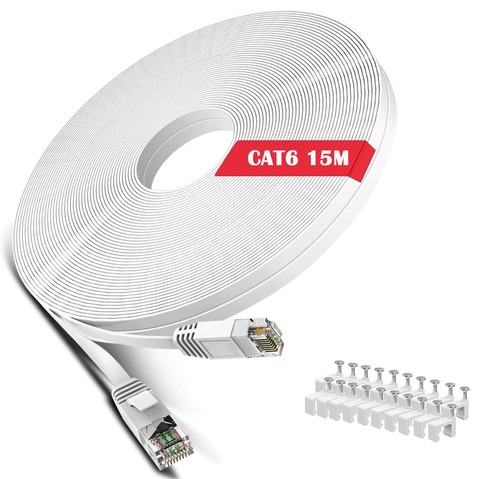 Wiscent Cat 6 Ethernet Cable 50 Ft White   Flat Internet Network Lan Patch Cords � Solid Cat6 High Speed Computer Wire With Clips& Snagless Rj45 Connectors For Modem, Router � 50 Feet