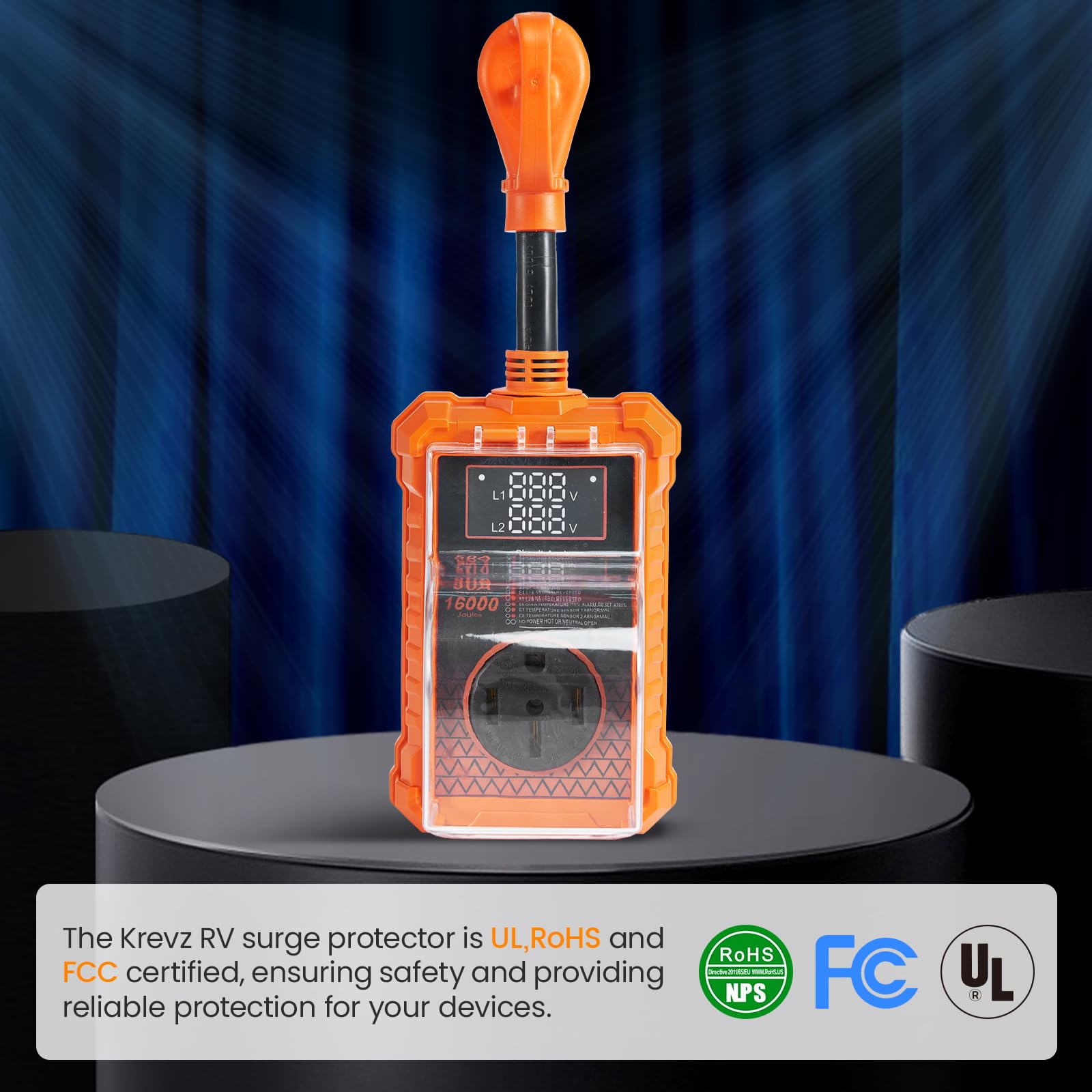 Krevz 16000 J Rv Surge Protector 50 Amp, Upgraded Dual Monitor Display Rv Power Surge Protector With Safety Certification, High/