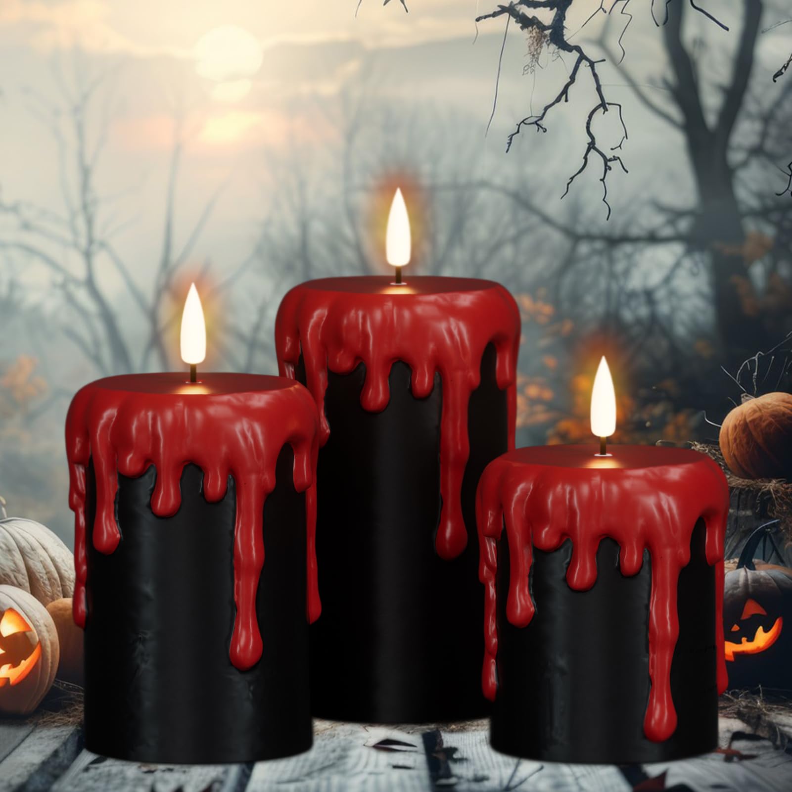 Wondise Halloween Flameless Candles With 6H Timer, Battery Operated Dripping Real Wax Black Led Pillar Candles 3D Wick Flickerin
