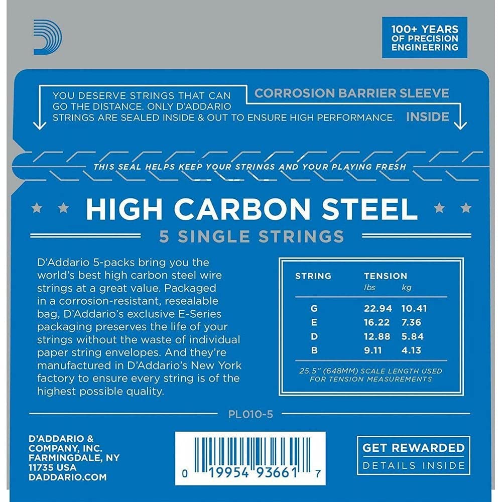 D'Addario Pl010 5 Plain Steel Guitar Single String, 010 5 Pack