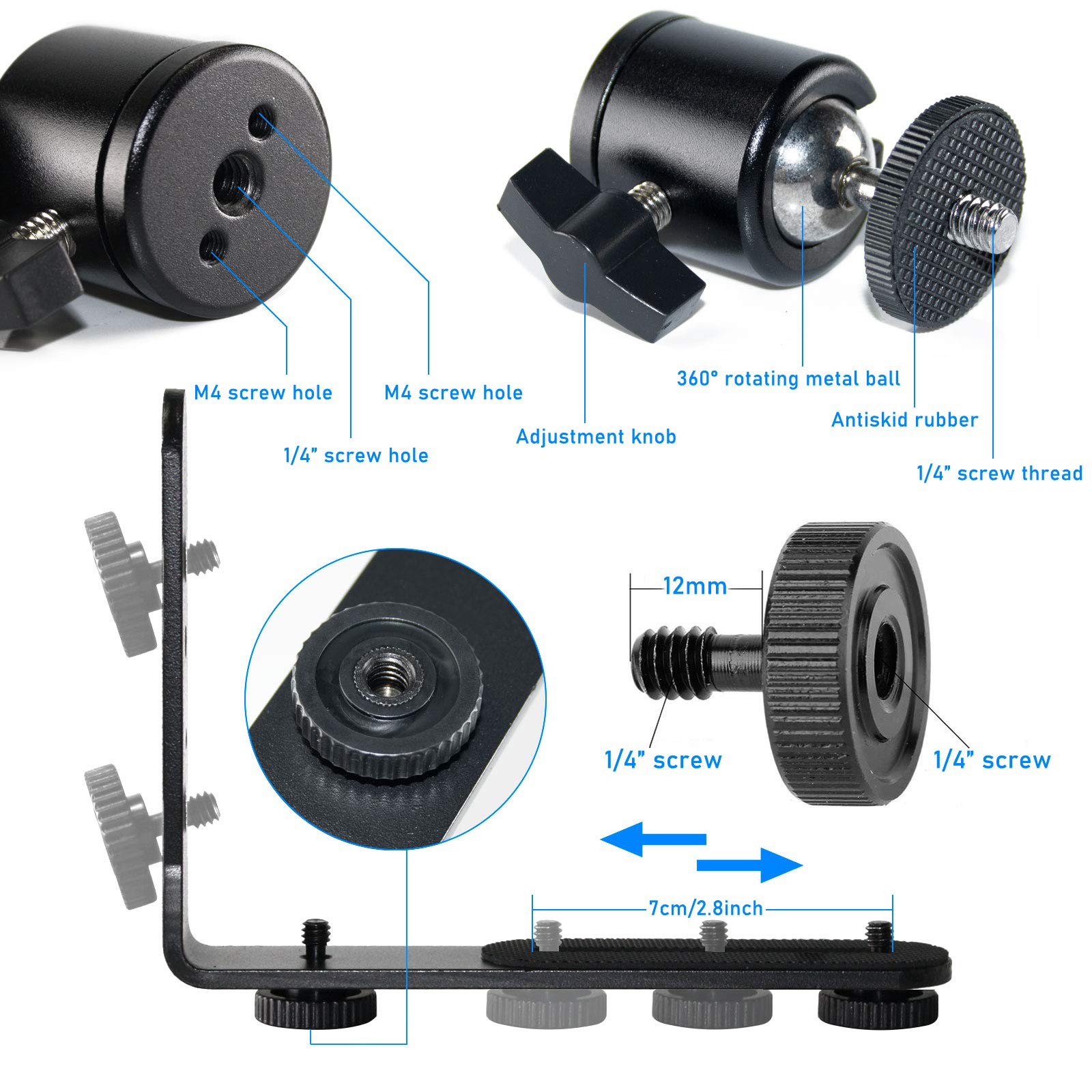 Exmax Metal Aluminum Alloy L Shape Flash Light Camera Bracket Holder 1/4 '' Screw + Mini Tripod 360 Degree Ball Head For Dslr Ca