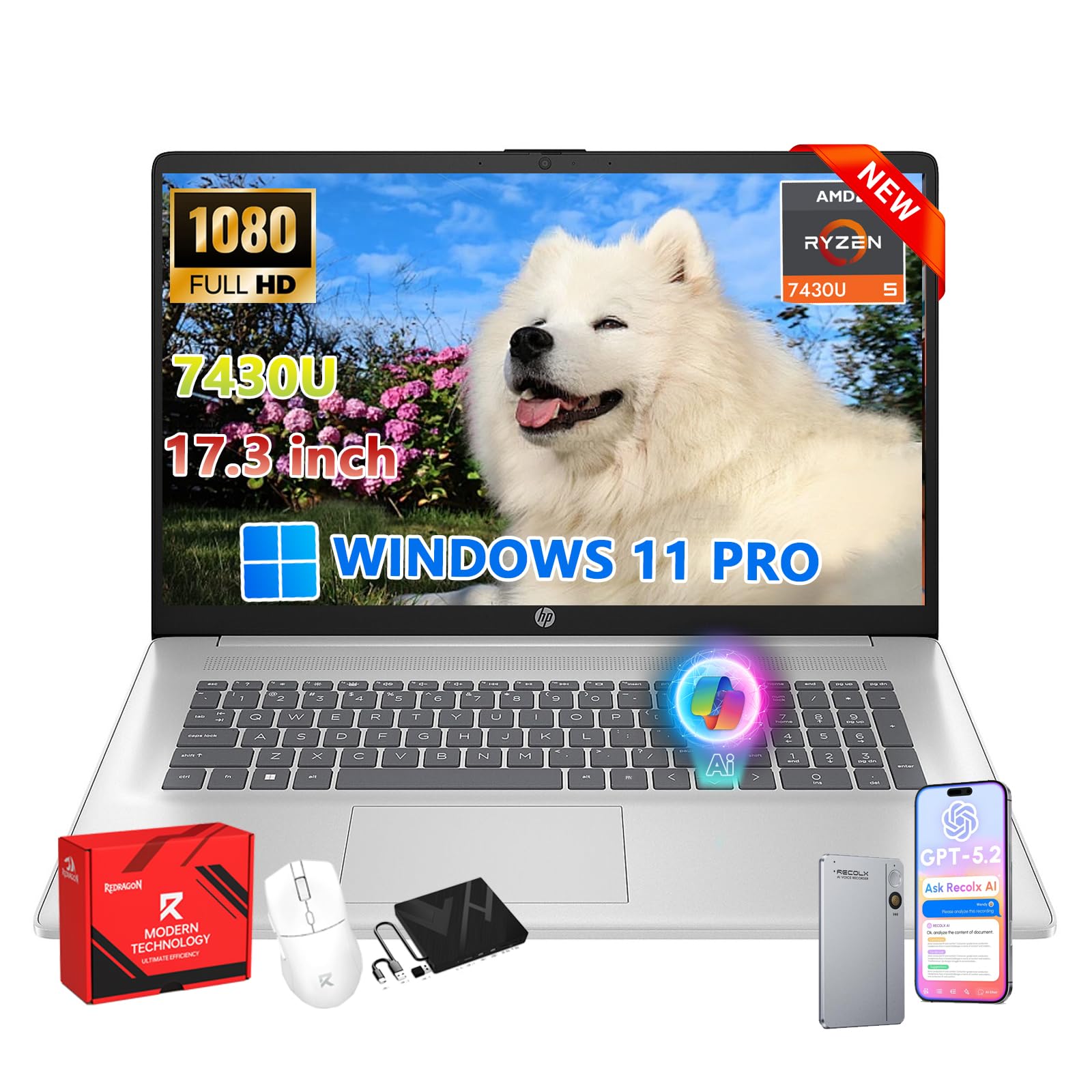 HP 17 inch FHD Student Business Laptop, 32GB RAM 1TB SSD, AMD Ryzen 5 7430U, Windows 11 Pro, 17.3 FHD IPS, Copilot AI, Numeric K