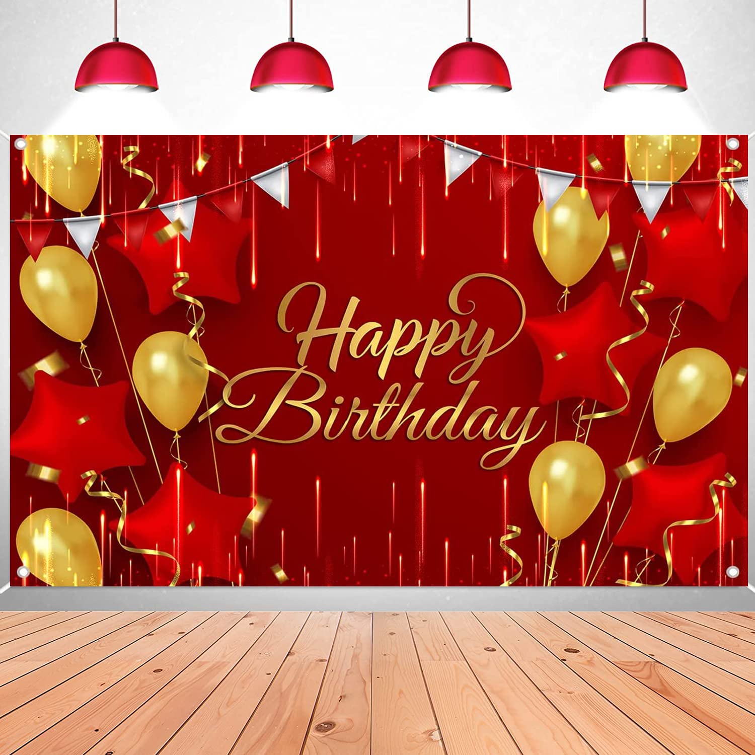 Generic Red and Gold Balloons Birthday Photography Background, Happy Birthday Backdrop with Banner, Rope for Men, Woman, Baby Sh