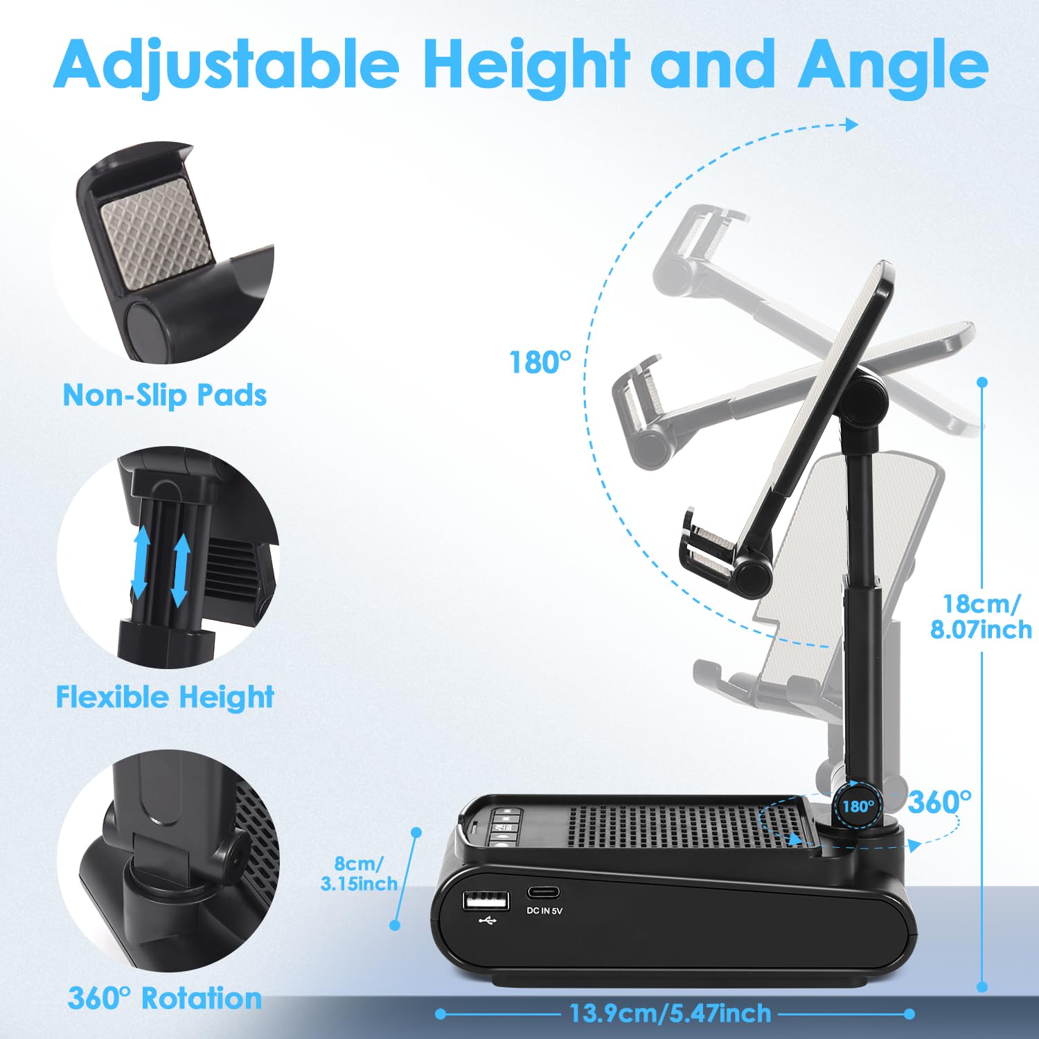 Toiysyy Multi Angle Adjustable Mobile Phone Holder With Built In Bluetooth Speaker, Suitable For Home And Outdoor Use, Easy To C
