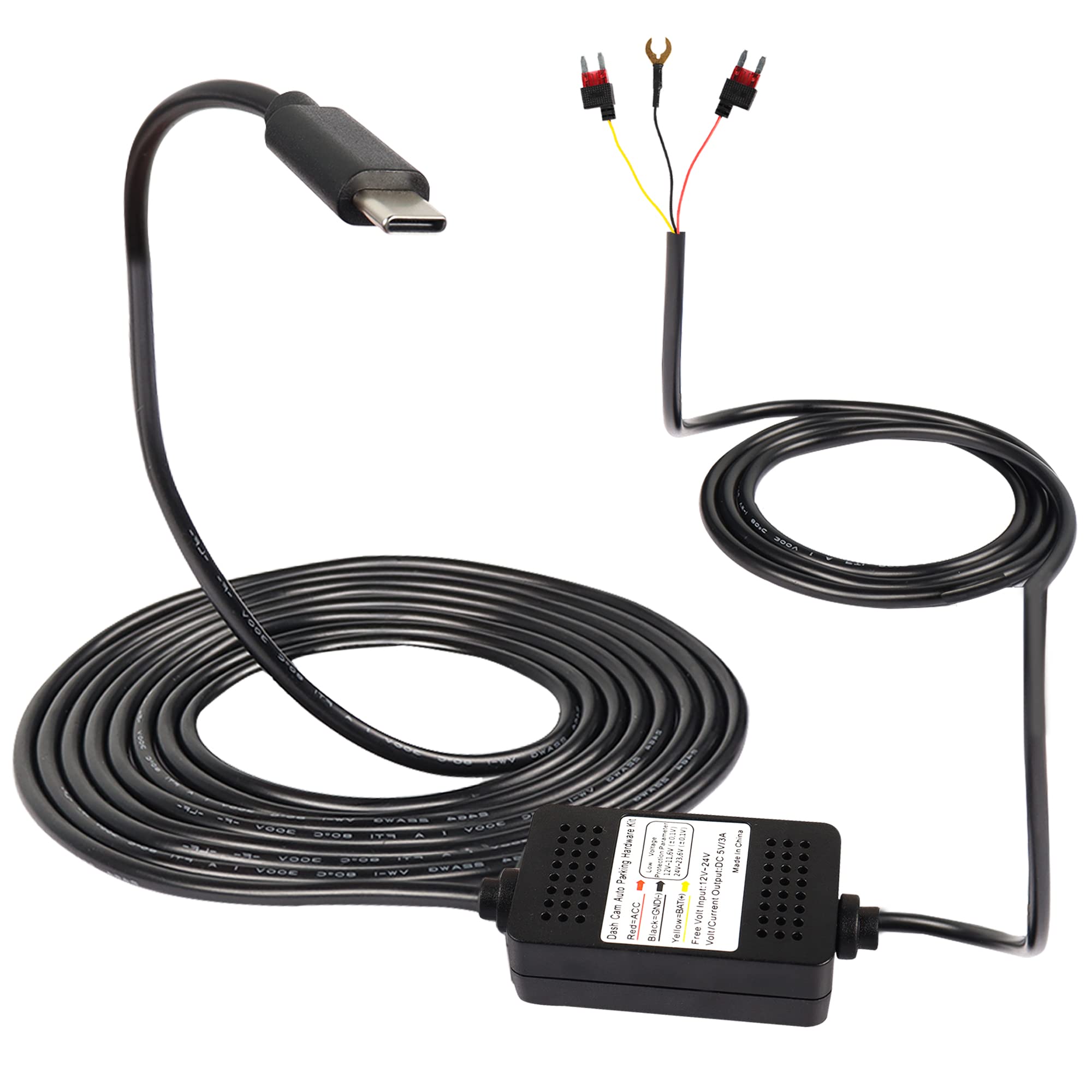 Meiriyfa Dash Cam Acc Hardwire Kit, Usb Type C Hardwire Dashcam Kit Step Down Cable, 12V 24V To Dc 5V 3A Car Dash Charger Power Cord For Cars Camera Gps(11.5Ft)