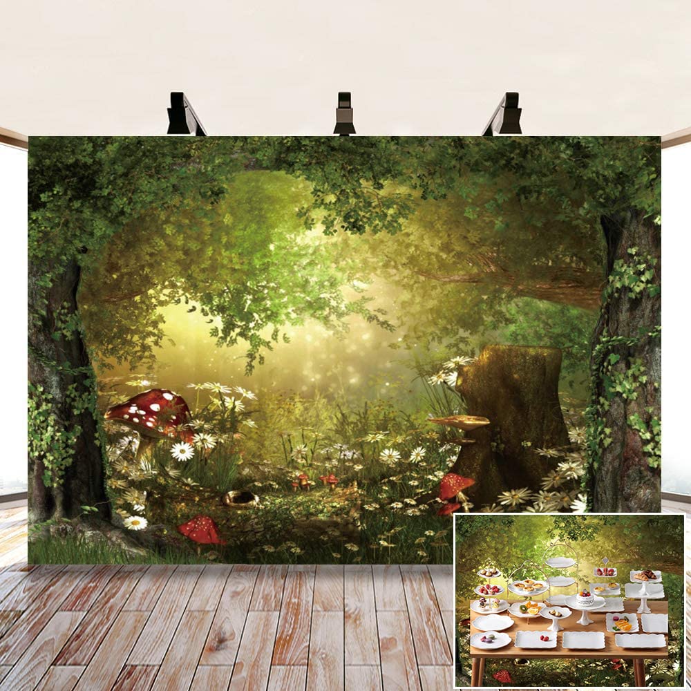 Leowefowa 5X3Ft Spring Enchanted Forest Backdrop Fairytale Wonderland Woodland Jungle Forest Mushroom Backgrounds Baby Shower Fo
