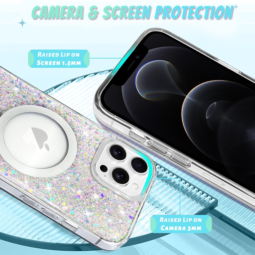 Bonoma For Iphone 12 Case, Sparkly Glitter Bling Back, Magnetic Support For Magsafe Shockproof Case, Crystal And Clear High Duty