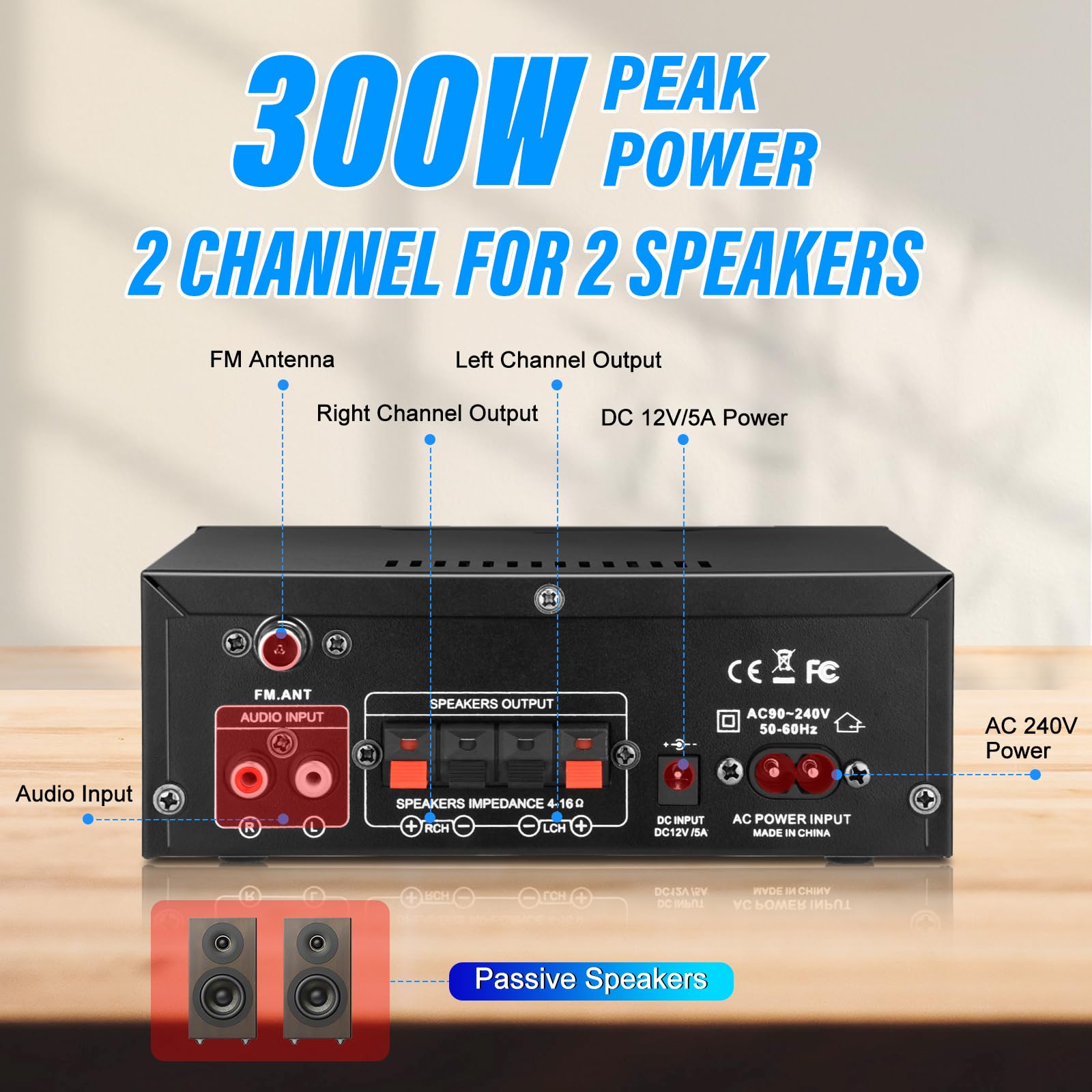 Daakro Ak45 Stereo Audio Amplifier,300W Home 2 Channel Wireless Bluetooth 5.0 Power Amplifier System, Home Amplifiers Fm Radio,