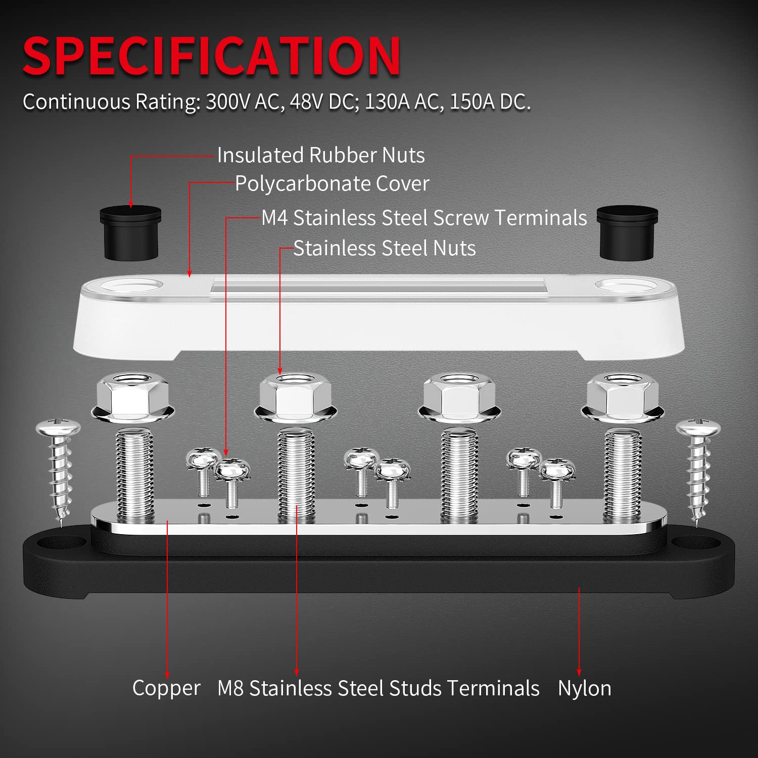 Daiertek Bus Bar Terminal Block 4 X 5/16'' (M8) Terminal Stud, 6 X #8 (M4) Screw Terminal Positive & Ground Power Distribution B