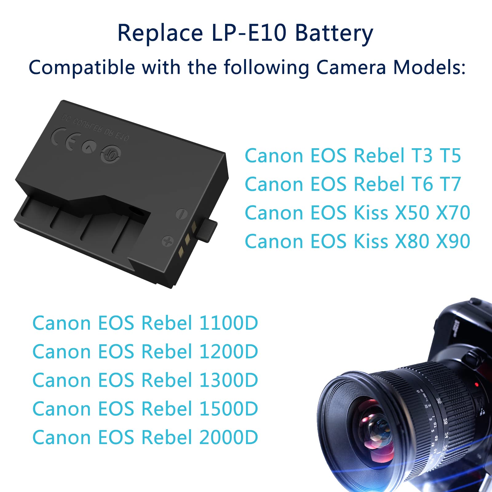 F1Tp Ack E10 Ac Power Supply Adapter Dr E10 Dummy Battery Kit Replace Lp E10 Battery For Canon Eos Rebel T3 T5 T6 T7 1100D 1200D