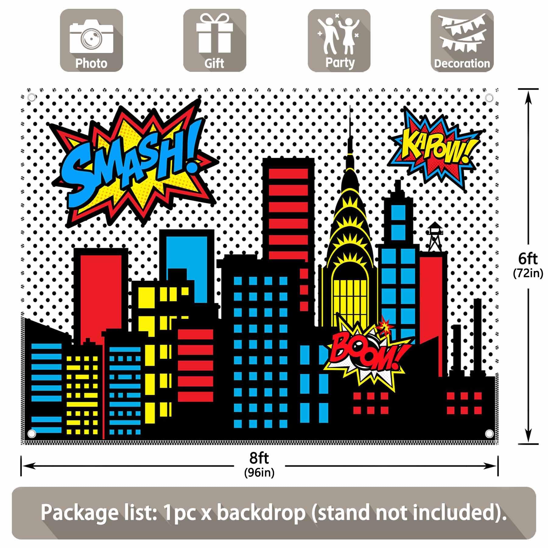 Yriujul 8X6Ft Superhero Cityscape Photography Backdrop Skyline Buildings City Boom Background Kids Birthday Banner Party Baby Sh