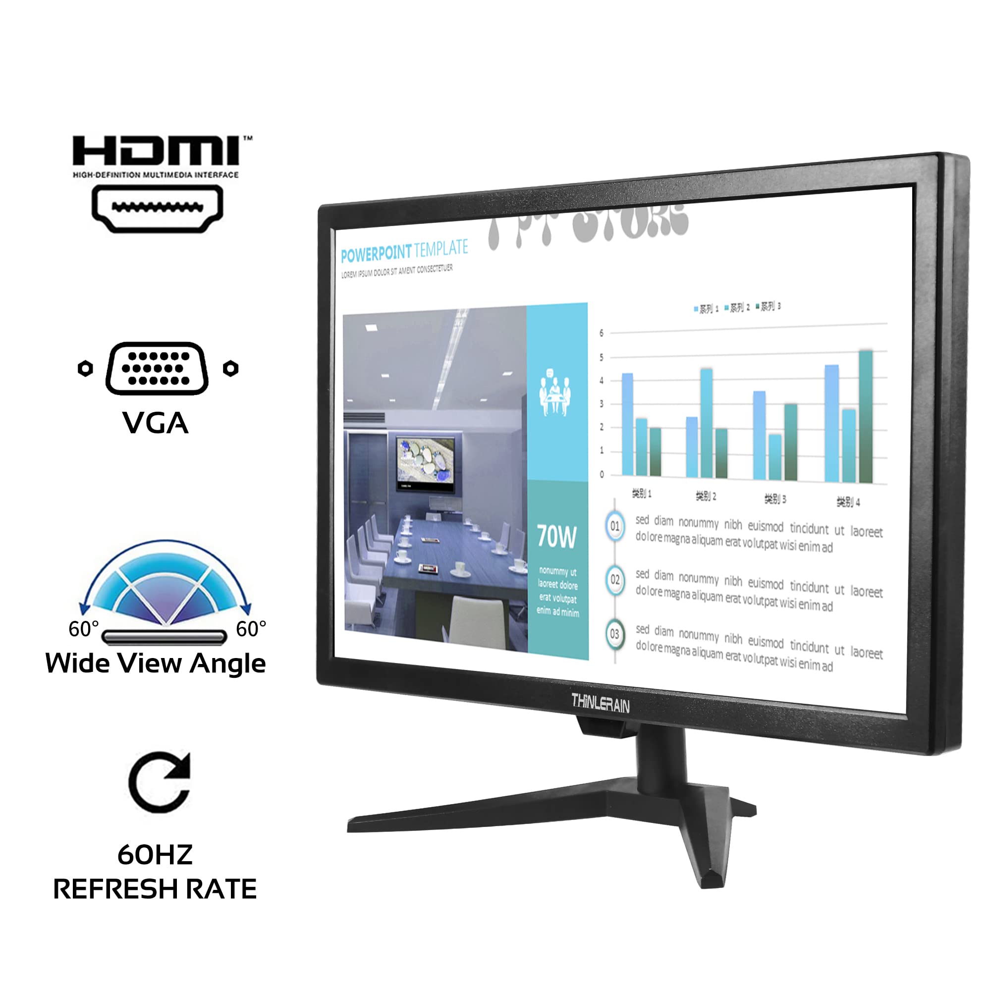 Thinlerain 20'' Pc Monitor 16:9 1600X900 Kitchen Monitor, Led Monitor Build In Speaker, 5Ms, 60 Hz, Vesa Mountable, With Vga Hdm