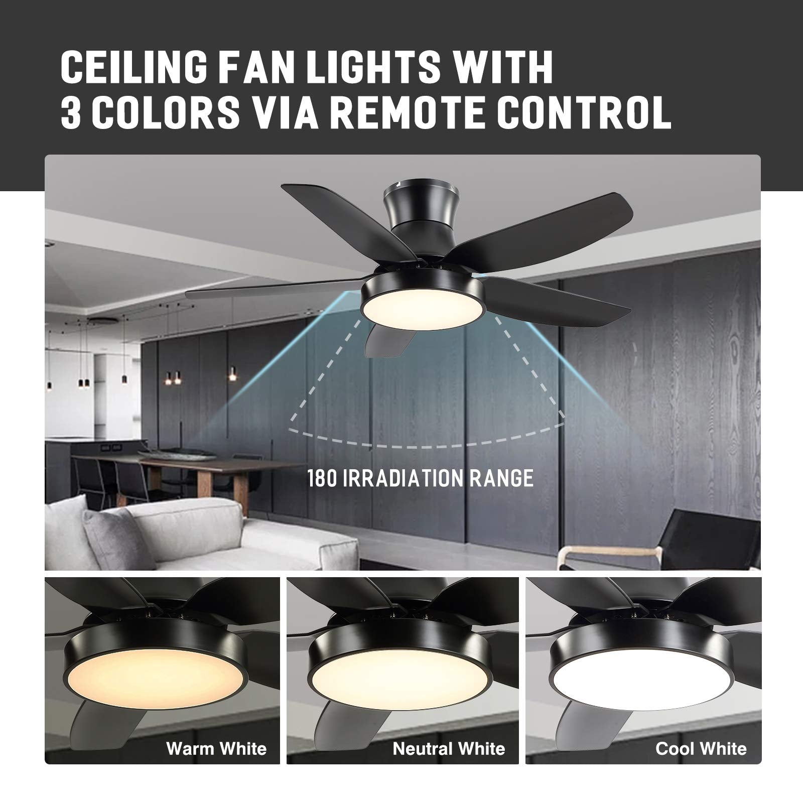 42 Inch Black Ceiling Fan With Light And Remote Control, Low Profile Ceiling Fan With 3 Color Change, 6 Speeds & Timer Control,