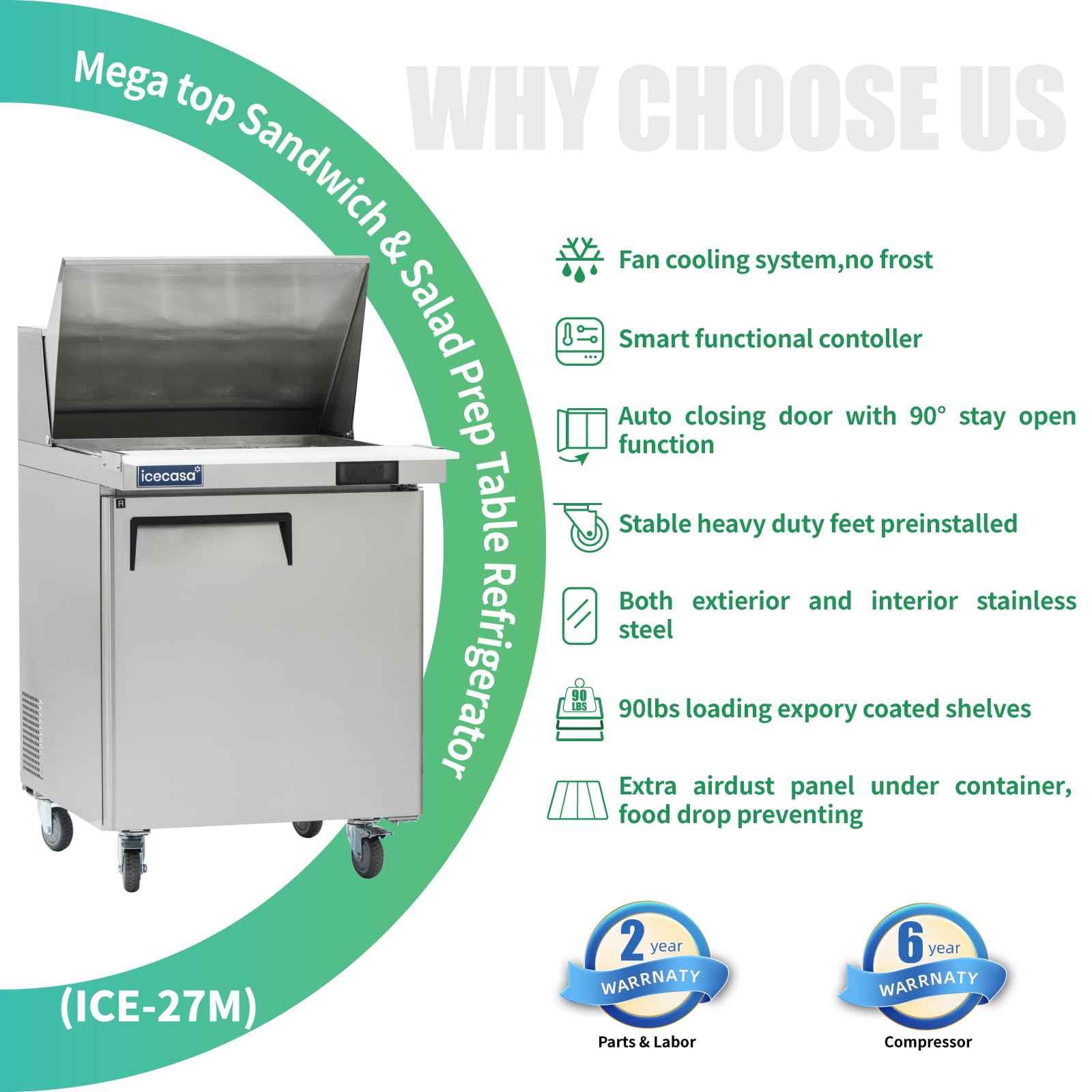 Icecasa 27'' W Commercial Refrigerator Sandwich&Salad Prep Table Mega Top Single Door Stainless Steel Counter Fan Cooling Refrig