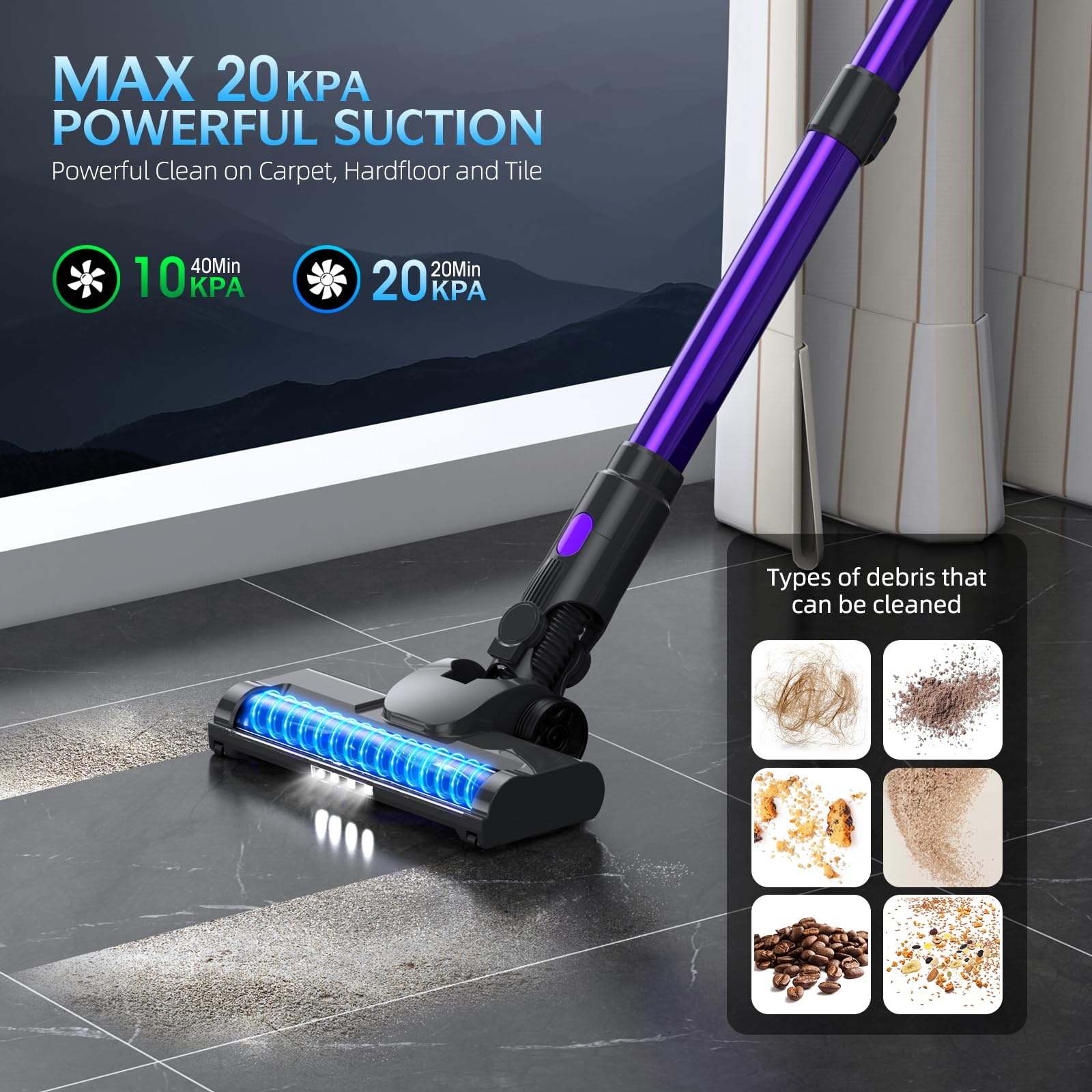 Cordless Vacuum Cleaner, 20Kpa Stick Vacuum With Led Display, 2 Modes 6 In 1 Lightweight Cordless Stick Vacuum Cleaner With 40Mi