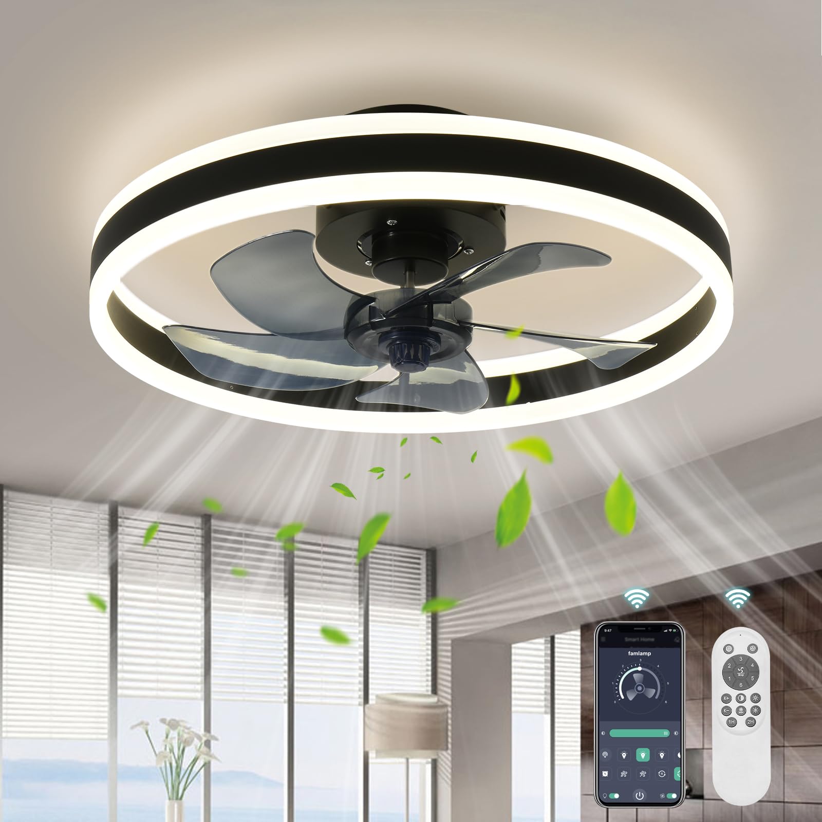 Ahawill Fandelier Ceiling Fans With Lights And Remote,19.7In Low Profile Dimmable Ceiling Fan,Brushed Black Flush Mount Ceiling