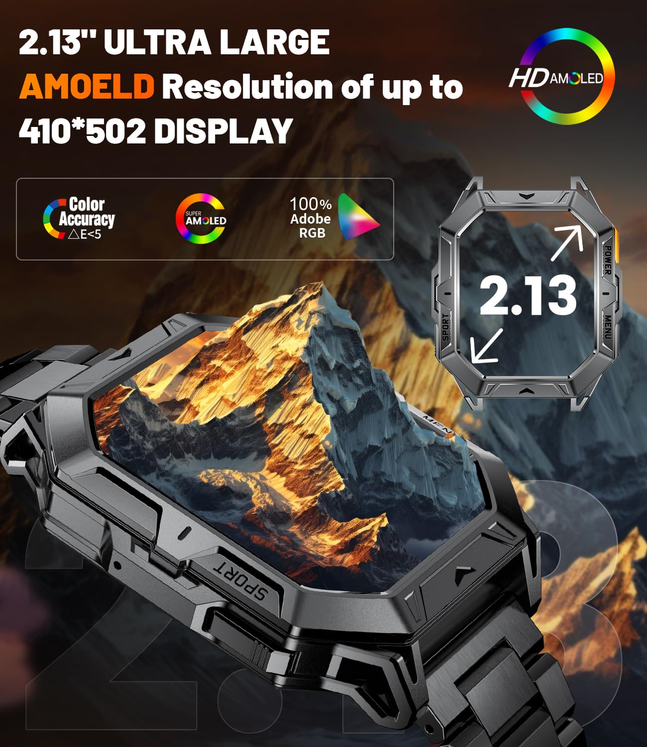 Hirreo Military Smart Watch For Men, 2.13'' Amoled Smartwatch, 80 Days Long Battery, 100+ Sport Mode/Ip68 Waterproof Fitness Tra